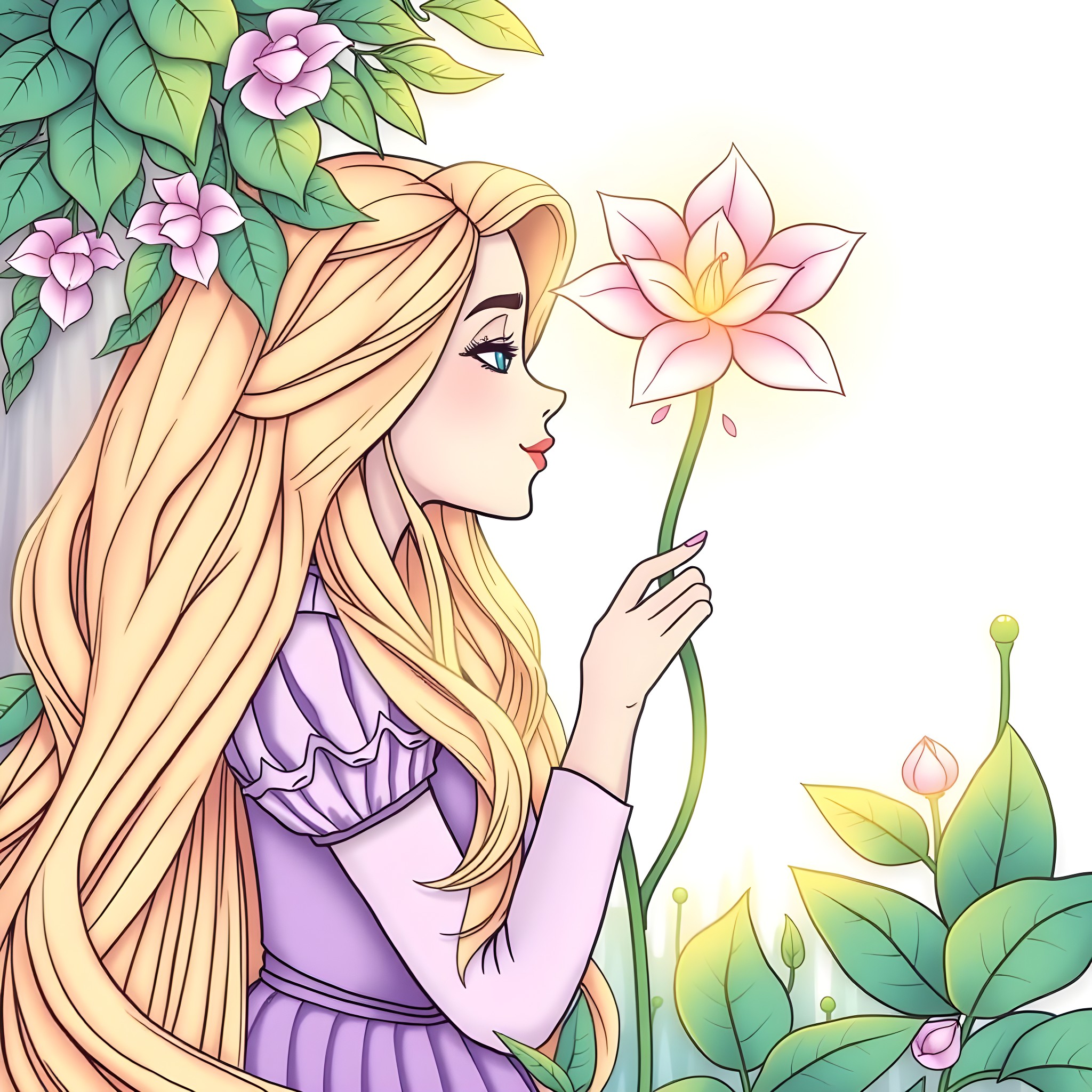 Rapunzel admiring the beautiful flowers in the garden Coloring Page (free black-and-white line drawing printable PDF for all, from beginners to advanced learners, including children, teens, adults, and seniors)