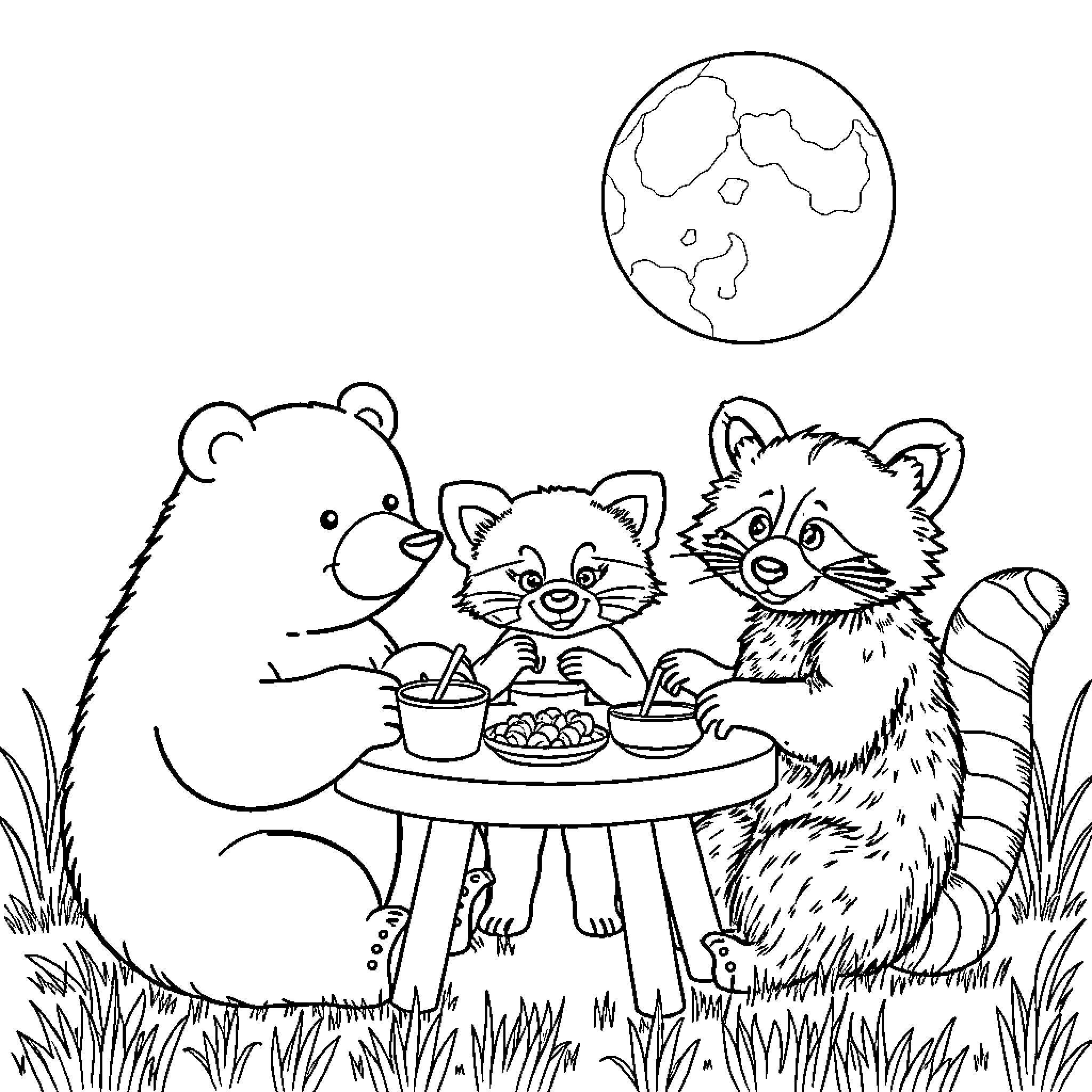 Bear and friends enjoying a picnic under the moon Coloring Page (free black-and-white line drawing printable PDF for all, from beginners to advanced learners, including children, teens, adults, and seniors)