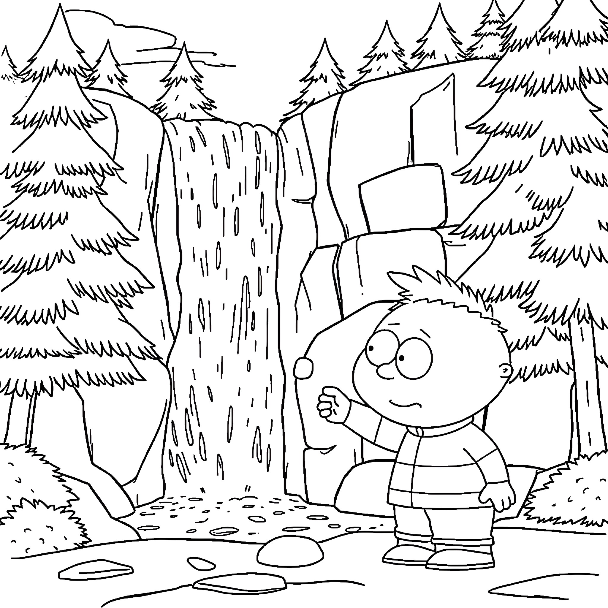 Stewie Griffin explores a majestic waterfall in the forest Coloring Page (free black-and-white line drawing printable PDF for all, from beginners to advanced learners, including children, teens, adults, and seniors)
