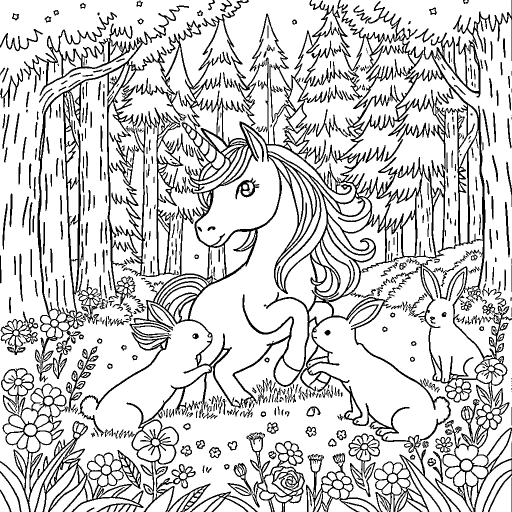 Unicorn strolling through a whimsical forest with woodland creatures Coloring Page (free black-and-white line drawing printable PDF for all, from beginners to advanced learners, including children, teens, adults, and seniors)