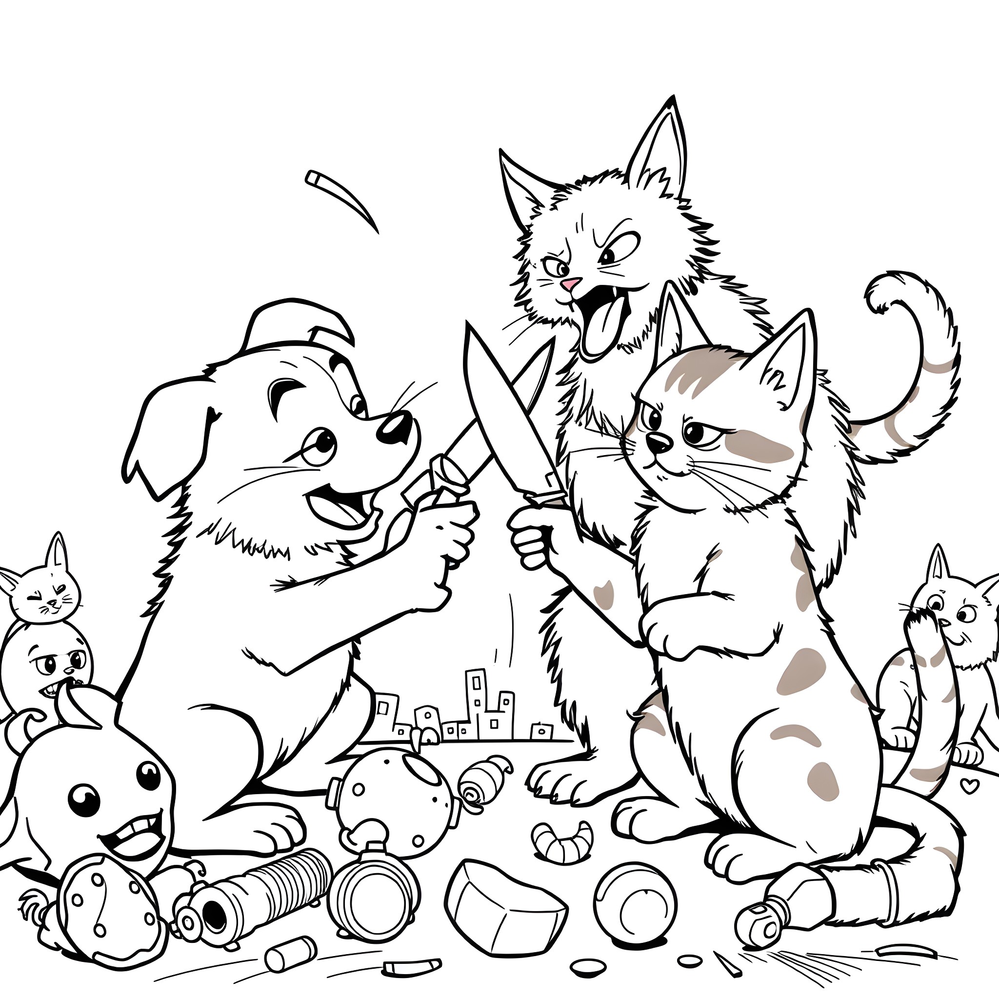Dogs and cats playing with toys Coloring Page (free black-and-white line drawing printable PDF for all, from beginners to advanced learners, including children, teens, adults, and seniors)