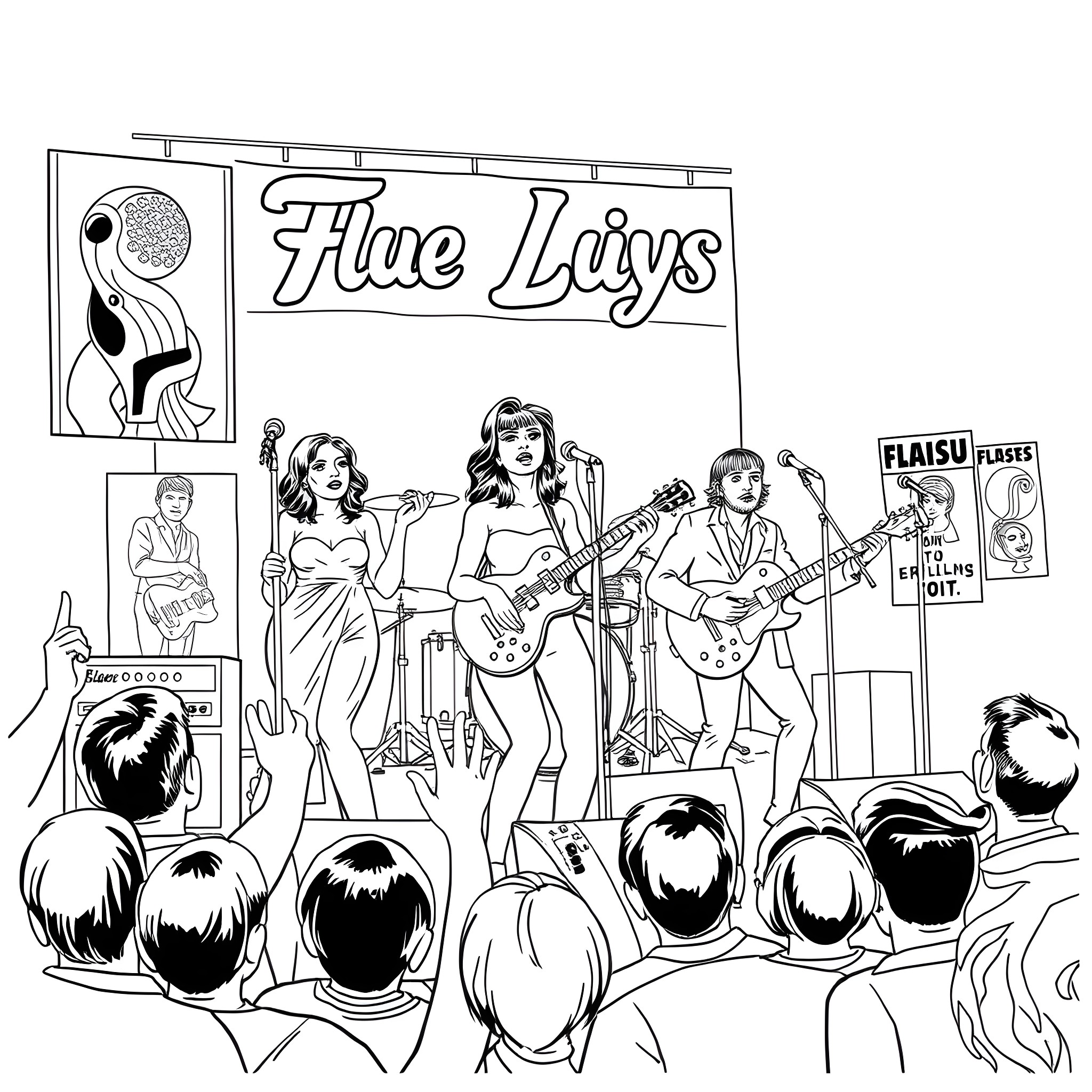 Fleur De Lys - Musical Performance on Stage Coloring Page (free black-and-white line drawing printable PDF for all, from beginners to advanced learners, including children, teens, adults, and seniors)