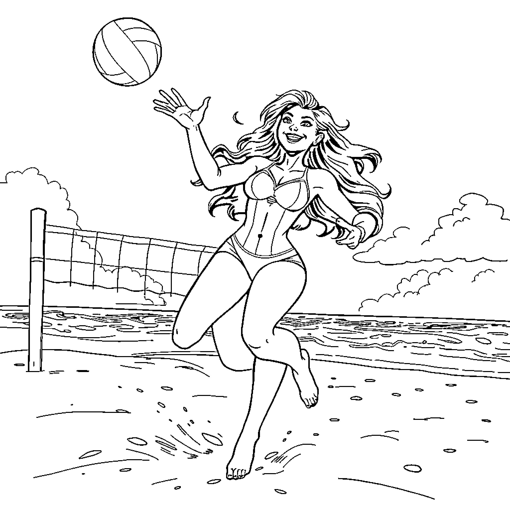 Capitana Marwel playing volleyball on the beach Coloring Page (free black-and-white line drawing printable PDF for all, from beginners to advanced learners, including children, teens, adults, and seniors)