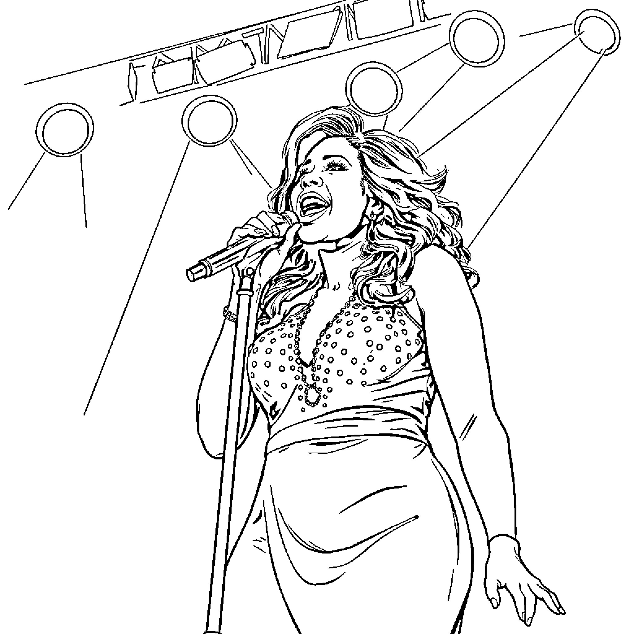 Toni Braxton Performing on Stage with Microphone Coloring Page (free black-and-white line drawing printable PDF for all, from beginners to advanced learners, including children, teens, adults, and seniors)