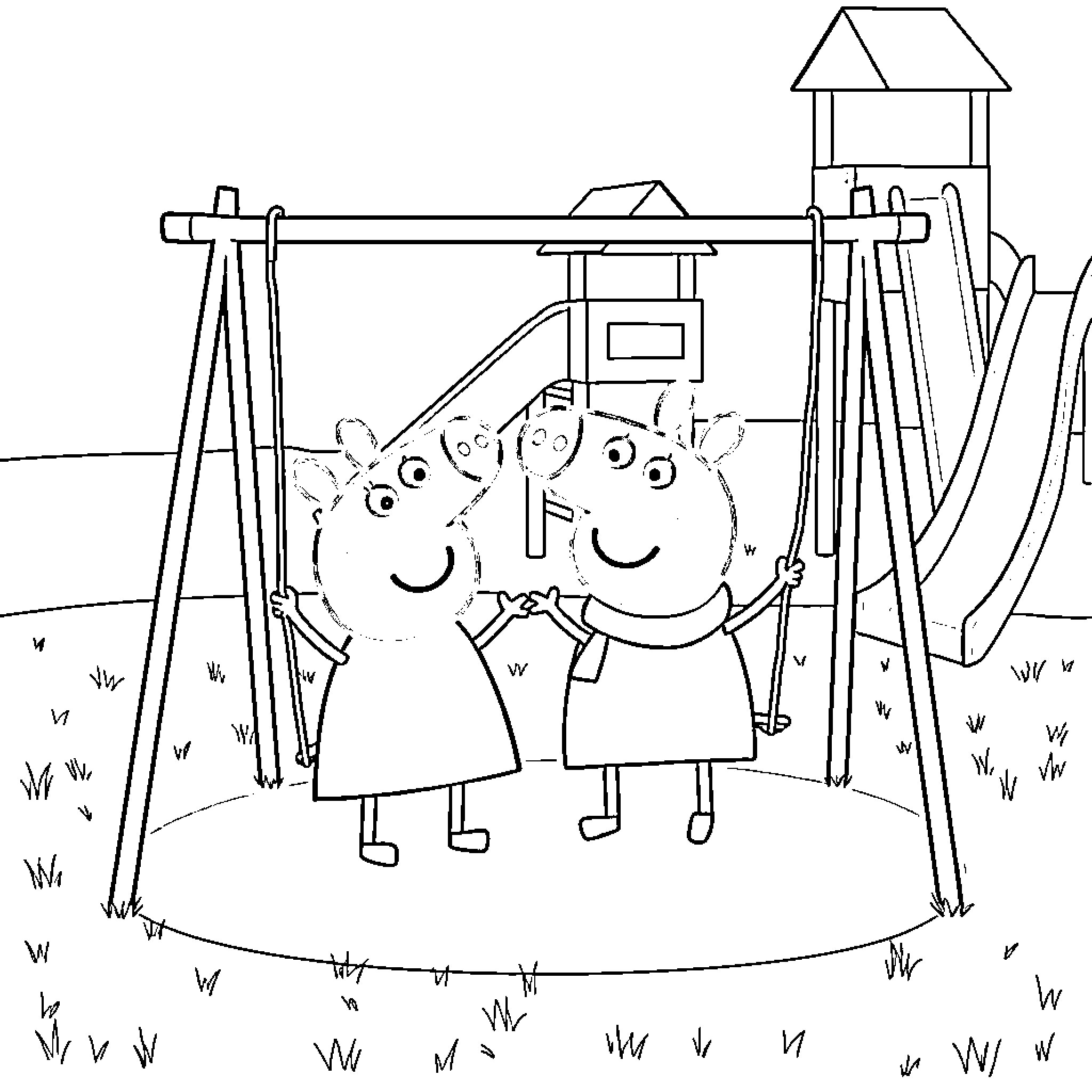 Peppa Pig and friends enjoying the playground Coloring Page (free black-and-white line drawing printable PDF for all, from beginners to advanced learners, including children, teens, adults, and seniors)