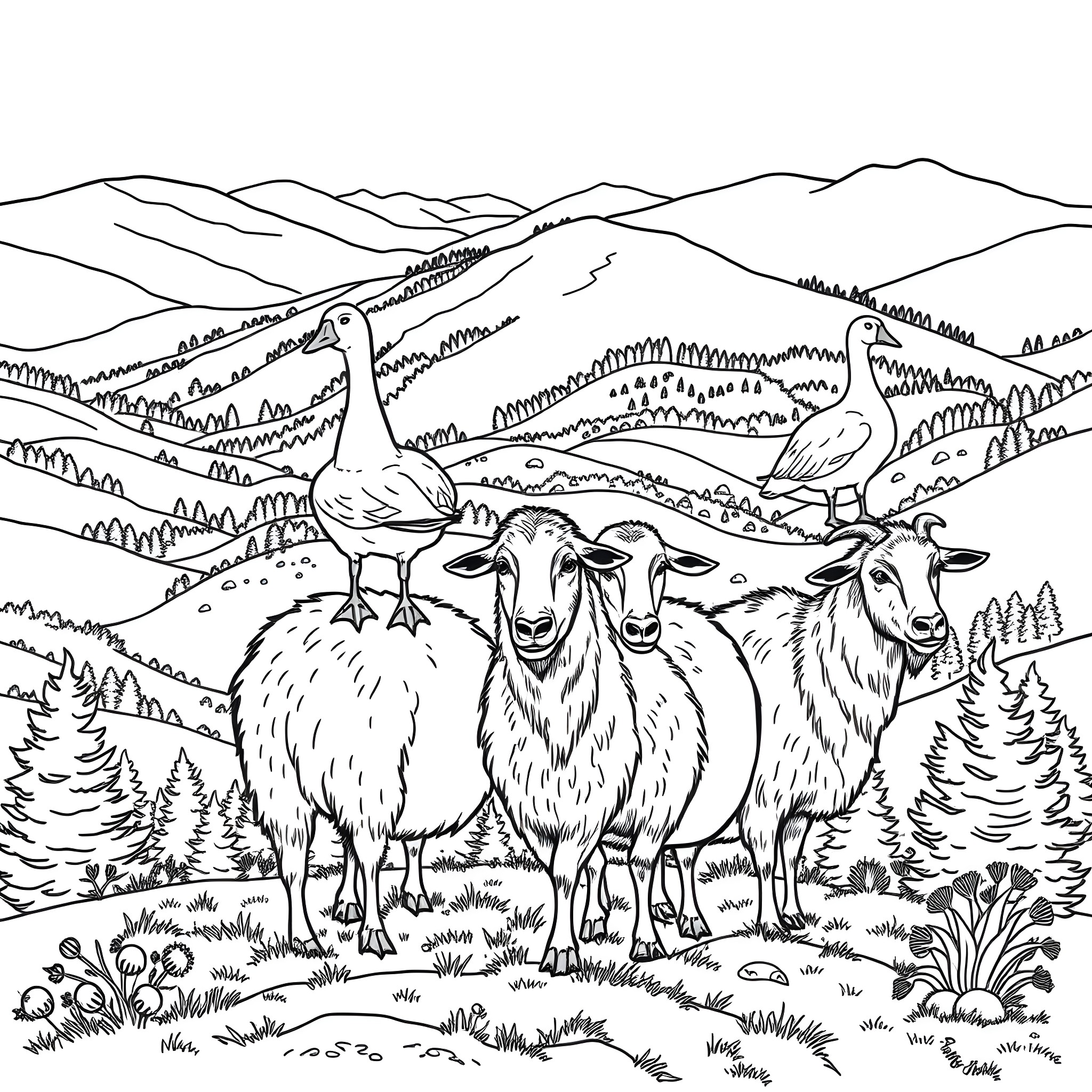 Goose and sheep frolicking in the countryside Coloring Page (free black-and-white line drawing printable PDF for all, from beginners to advanced learners, including children, teens, adults, and seniors)