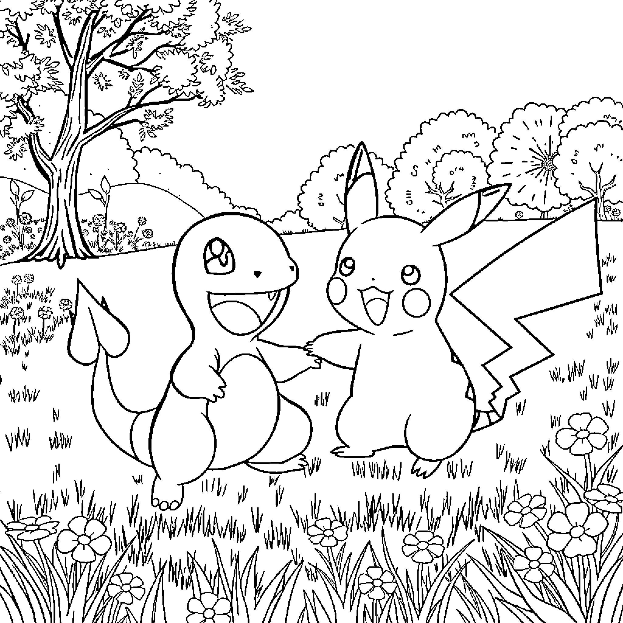 Charmander exploring the enchanting forest with Pikachu Coloring Page (free black-and-white line drawing printable PDF for all, from beginners to advanced learners, including children, teens, adults, and seniors)
