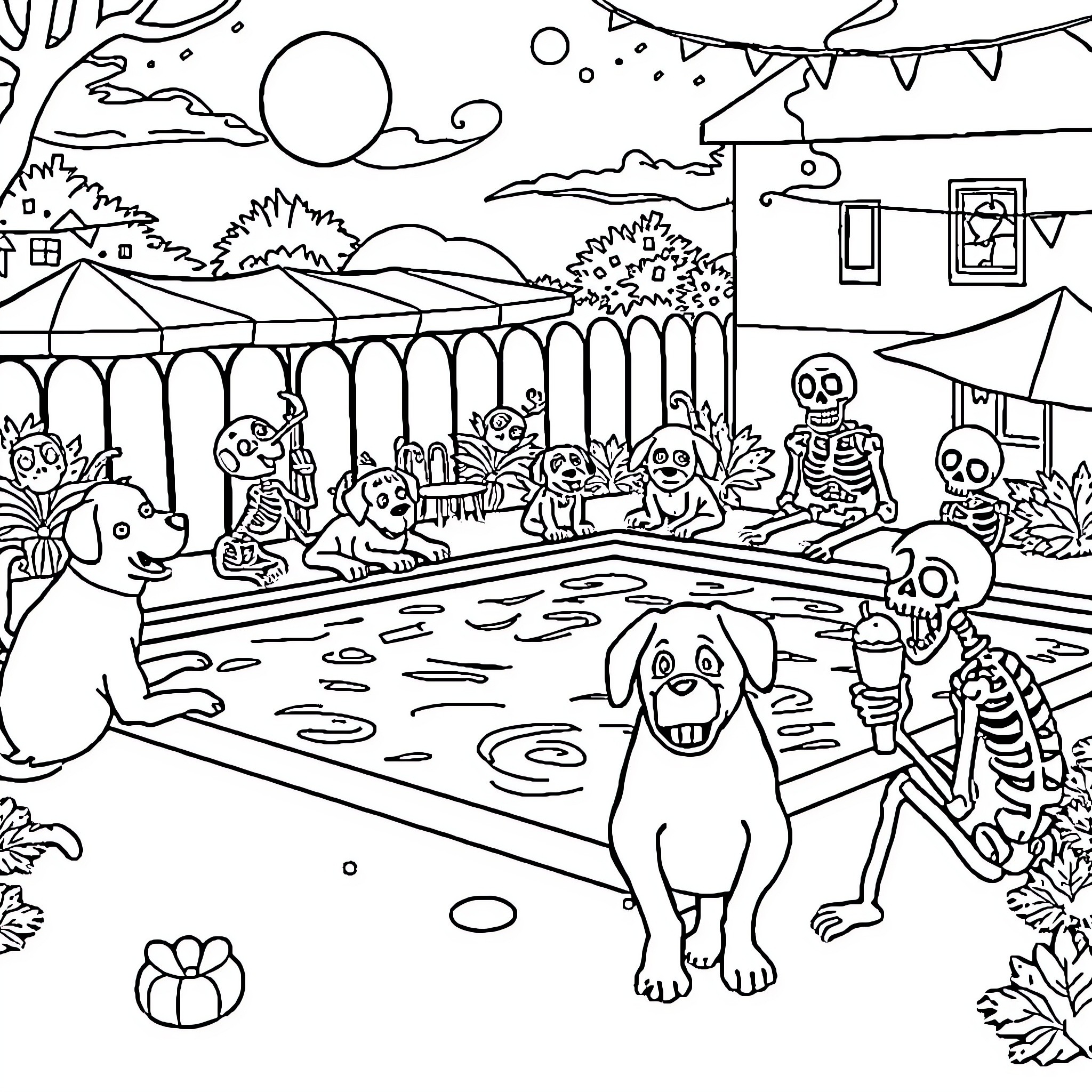 Dog playing joyfully at a festive party Coloring Page (free black-and-white line drawing printable PDF for all, from beginners to advanced learners, including children, teens, adults, and seniors)