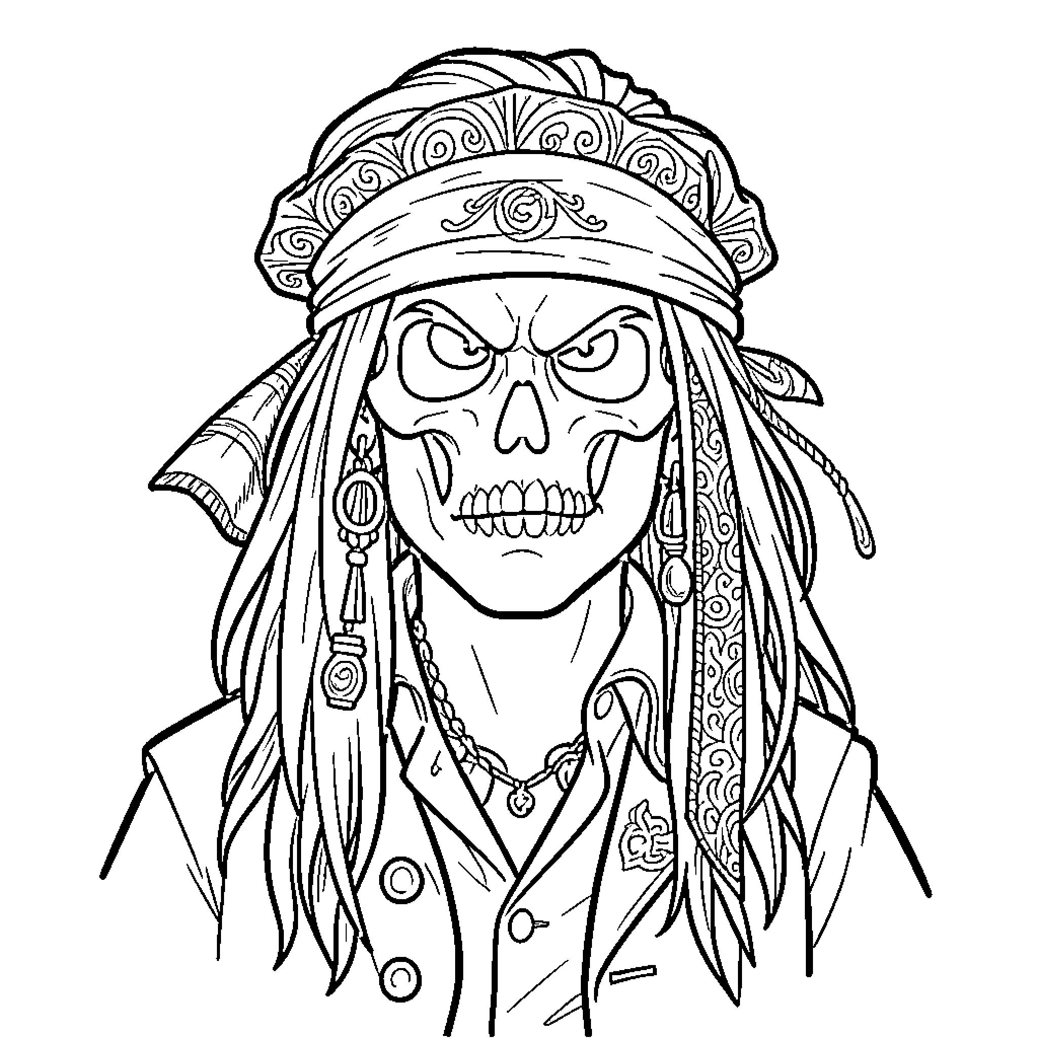 Oncle Picsou's pirate skull face with intricate headpiece Coloring Page (free black-and-white line drawing printable PDF for all, from beginners to advanced learners, including children, teens, adults, and seniors)
