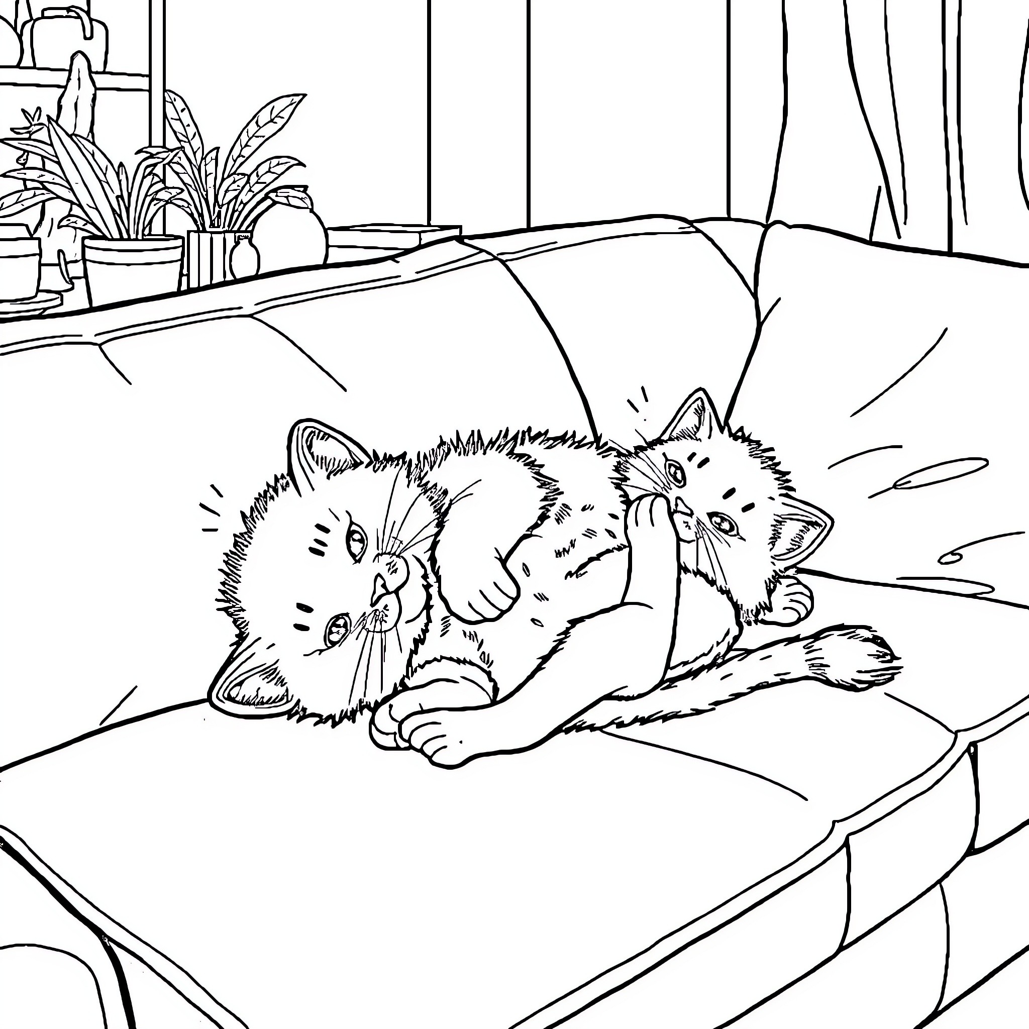 Cat stretching and relaxing on the couch Coloring Page (free black-and-white line drawing printable PDF for all, from beginners to advanced learners, including children, teens, adults, and seniors)