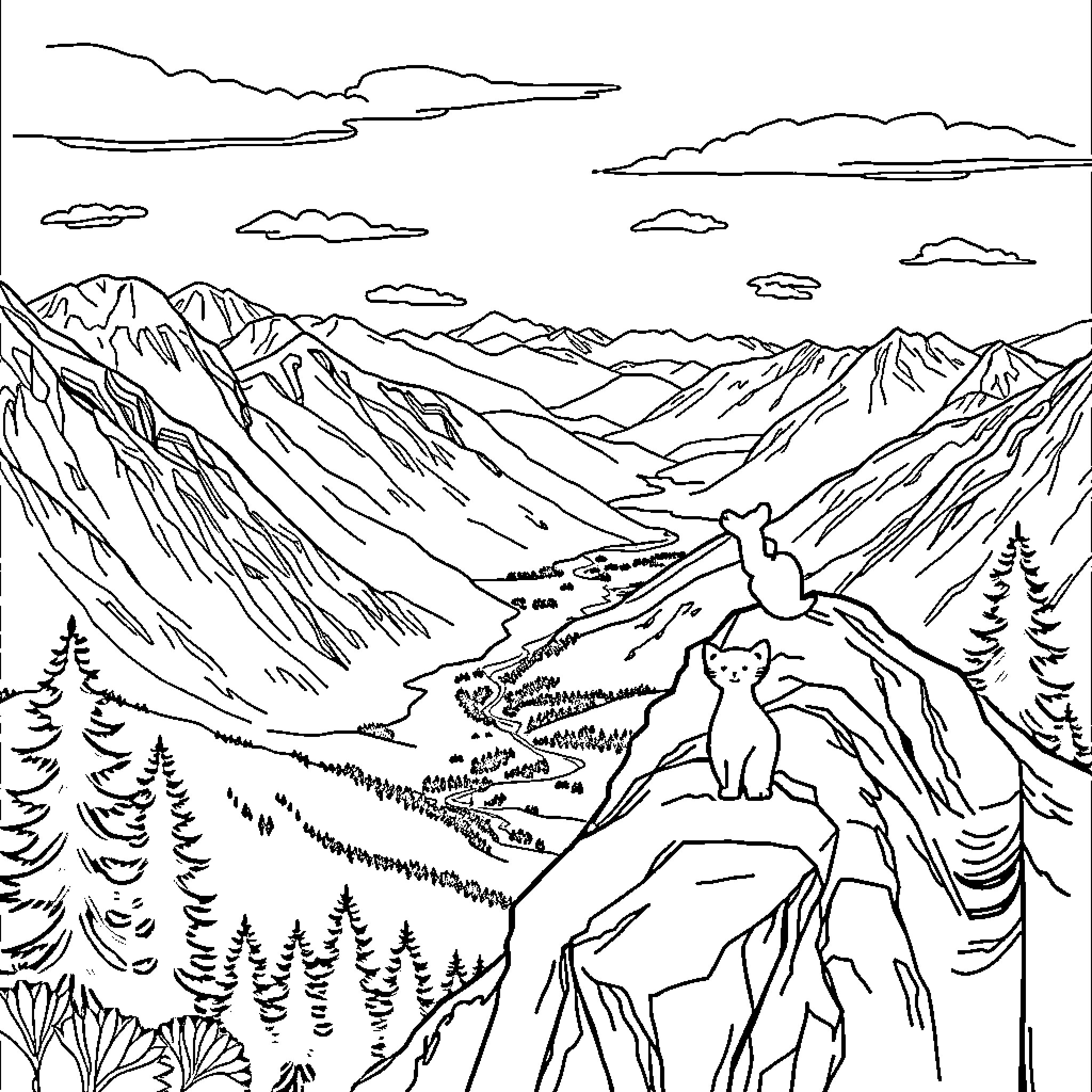 Cat on a Mountain Scenic View Coloring Page (free black-and-white line drawing printable PDF for all, from beginners to advanced learners, including children, teens, adults, and seniors)