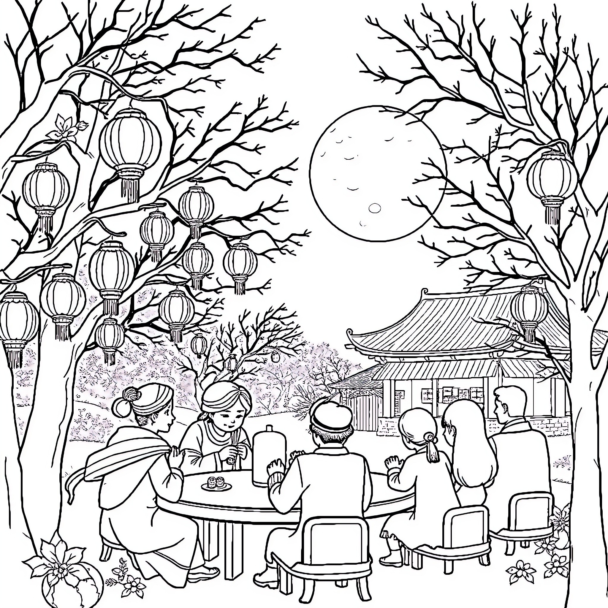 Autumn Gathering in Japanese Garden Coloring Page (free black-and-white line drawing printable PDF for all, from beginners to advanced learners, including children, teens, adults, and seniors)