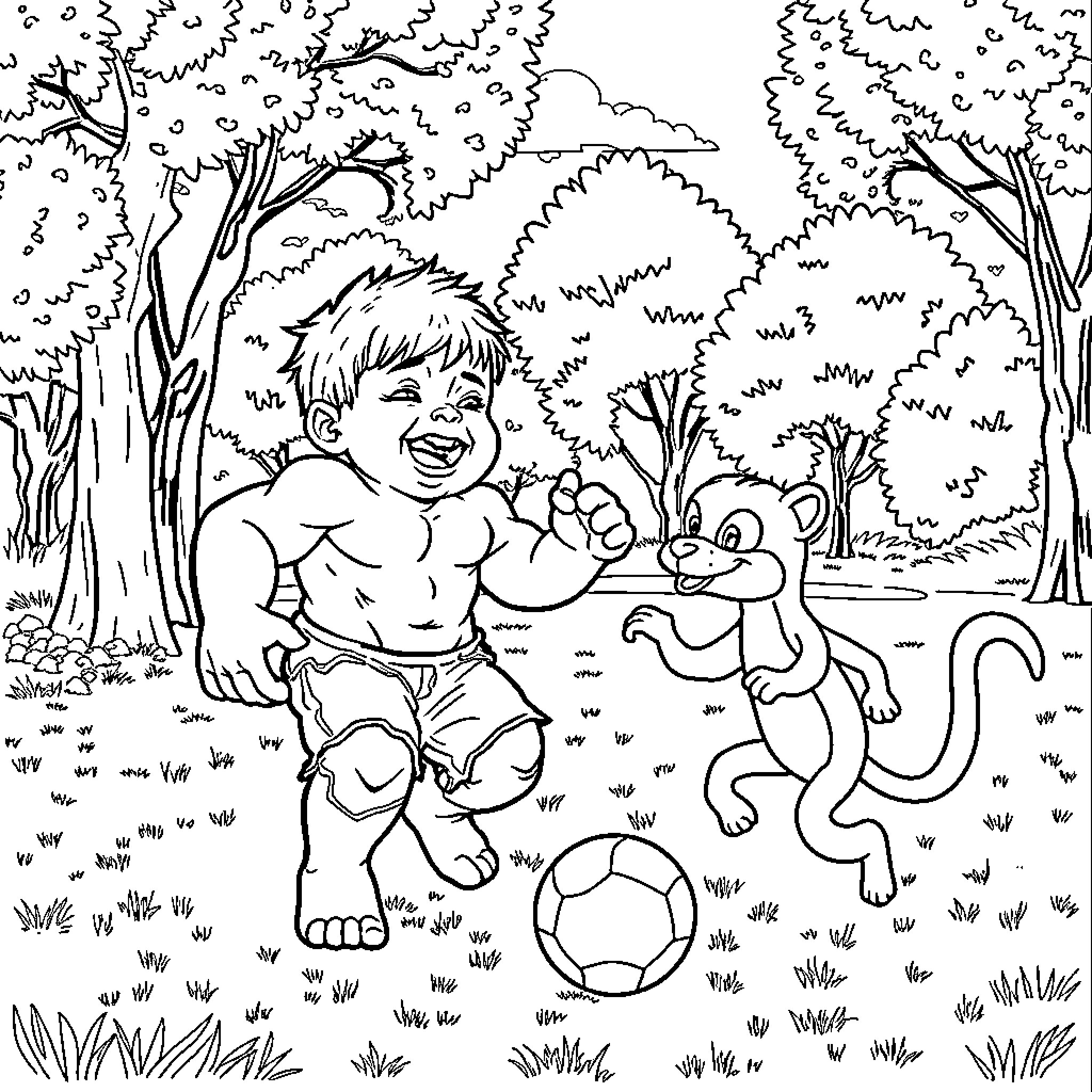 Hulk playing energetically with monkey in the woods Coloring Page (free black-and-white line drawing printable PDF for all, from beginners to advanced learners, including children, teens, adults, and seniors)