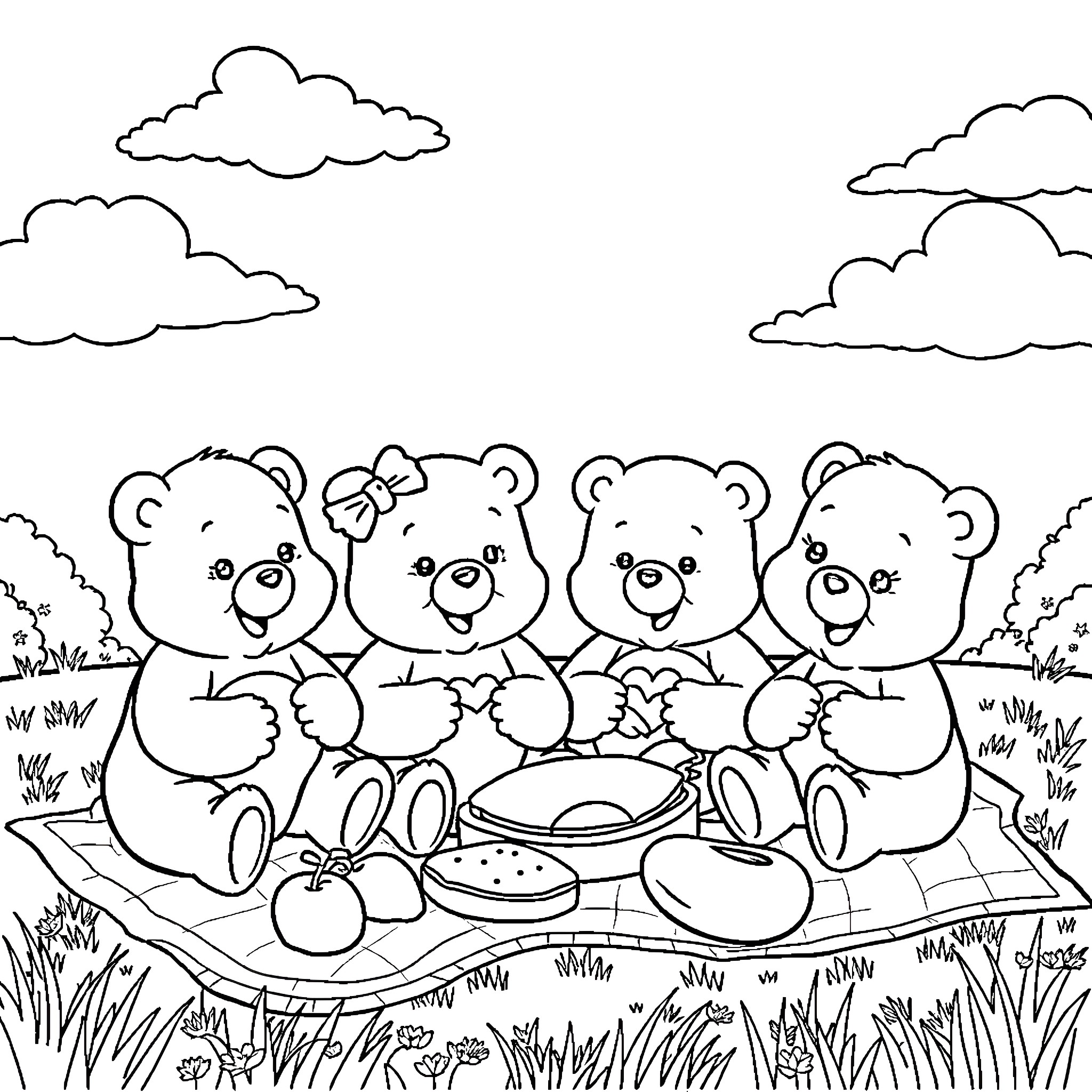 Care Bears having a picnic in the park Coloring Page (free black-and-white line drawing printable PDF for all, from beginners to advanced learners, including children, teens, adults, and seniors)