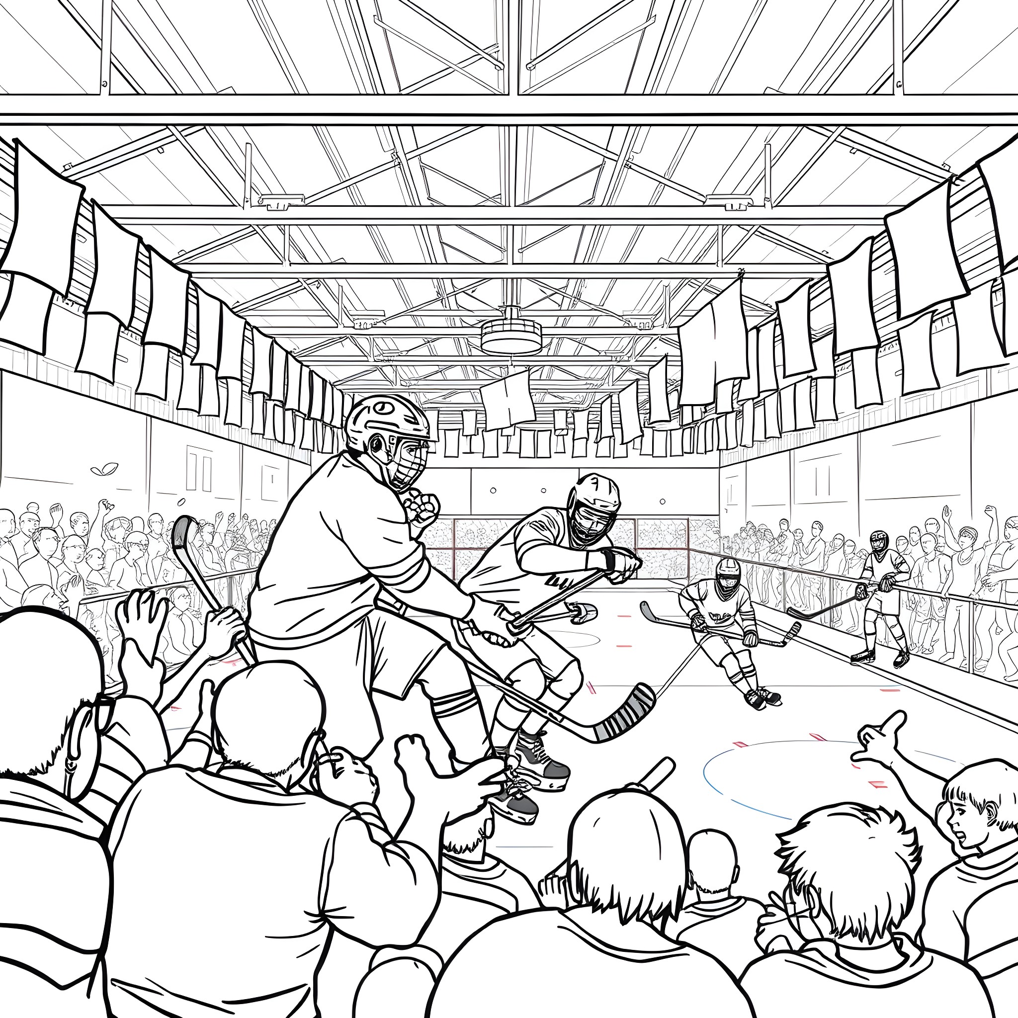 Ball Hockey: Intense Game with Crowd Cheering Coloring Page (free black-and-white line drawing printable PDF for all, from beginners to advanced learners, including children, teens, adults, and seniors)