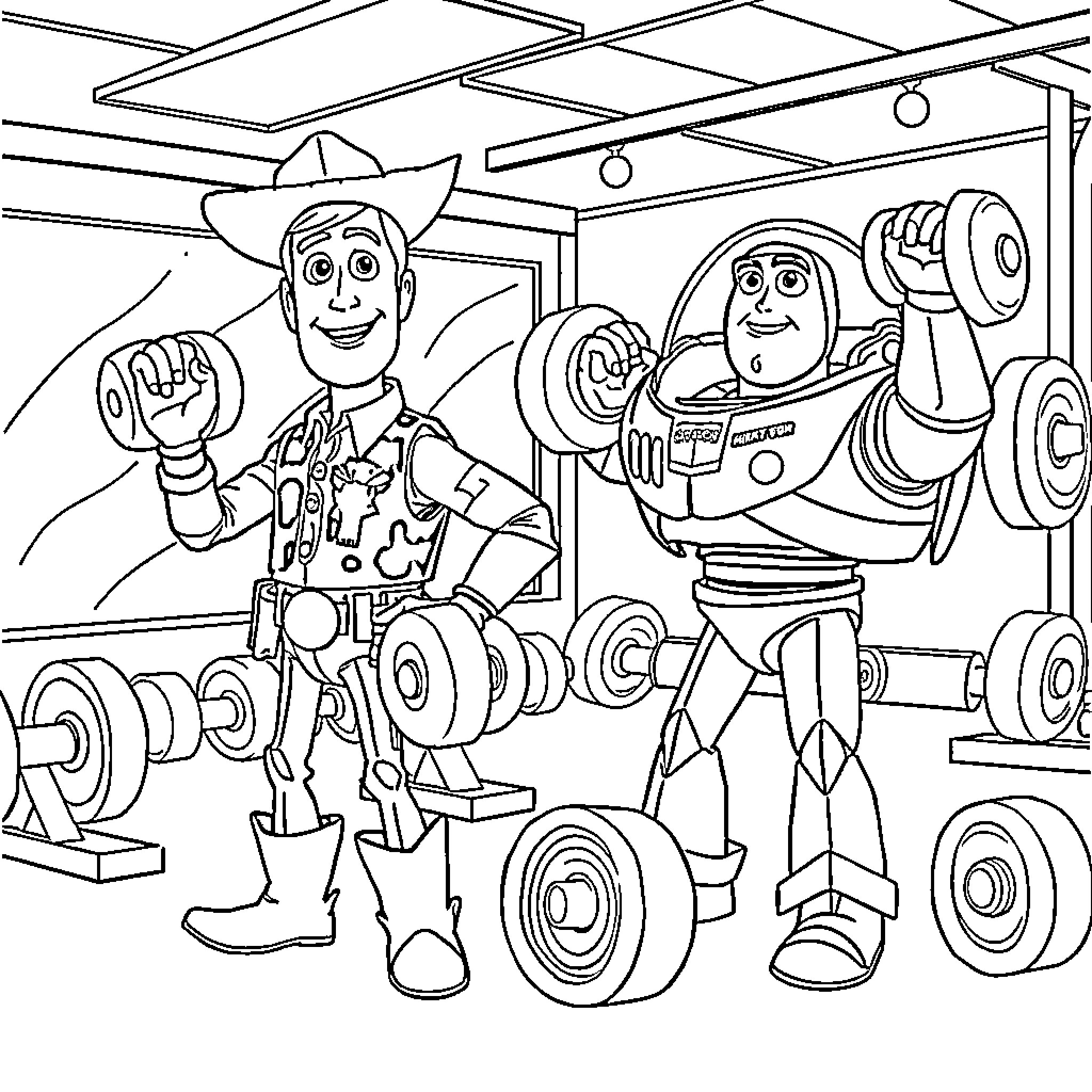 Toy Cowboy and Robot Workout Together Coloring Page (free black-and-white line drawing printable PDF for all, from beginners to advanced learners, including children, teens, adults, and seniors)