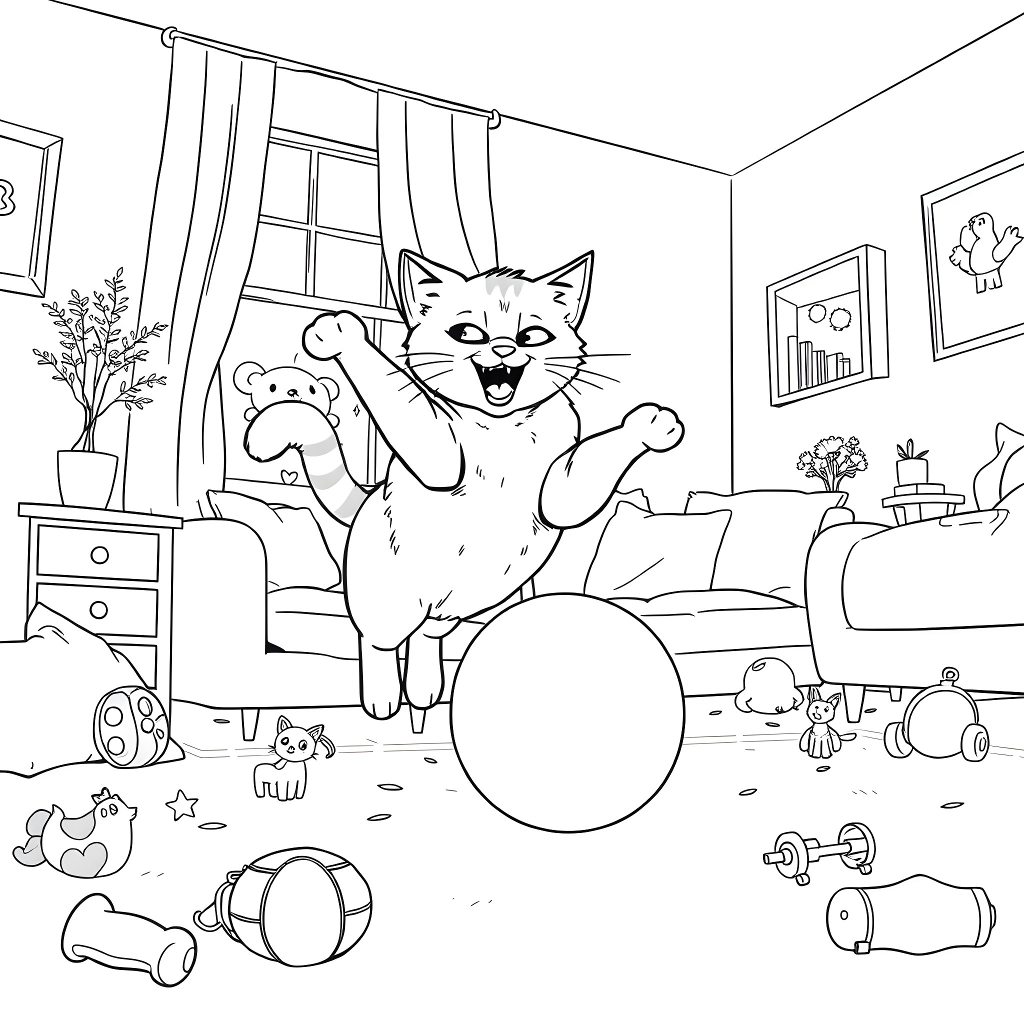 Cat playing joyfully with toys in room Coloring Page (free black-and-white line drawing printable PDF for all, from beginners to advanced learners, including children, teens, adults, and seniors)