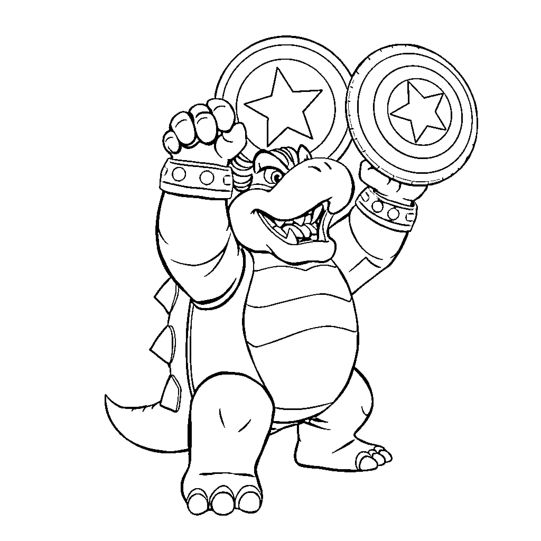 Bowser wielding superhero shields and symbols Coloring Page (free black-and-white line drawing printable PDF for all, from beginners to advanced learners, including children, teens, adults, and seniors)