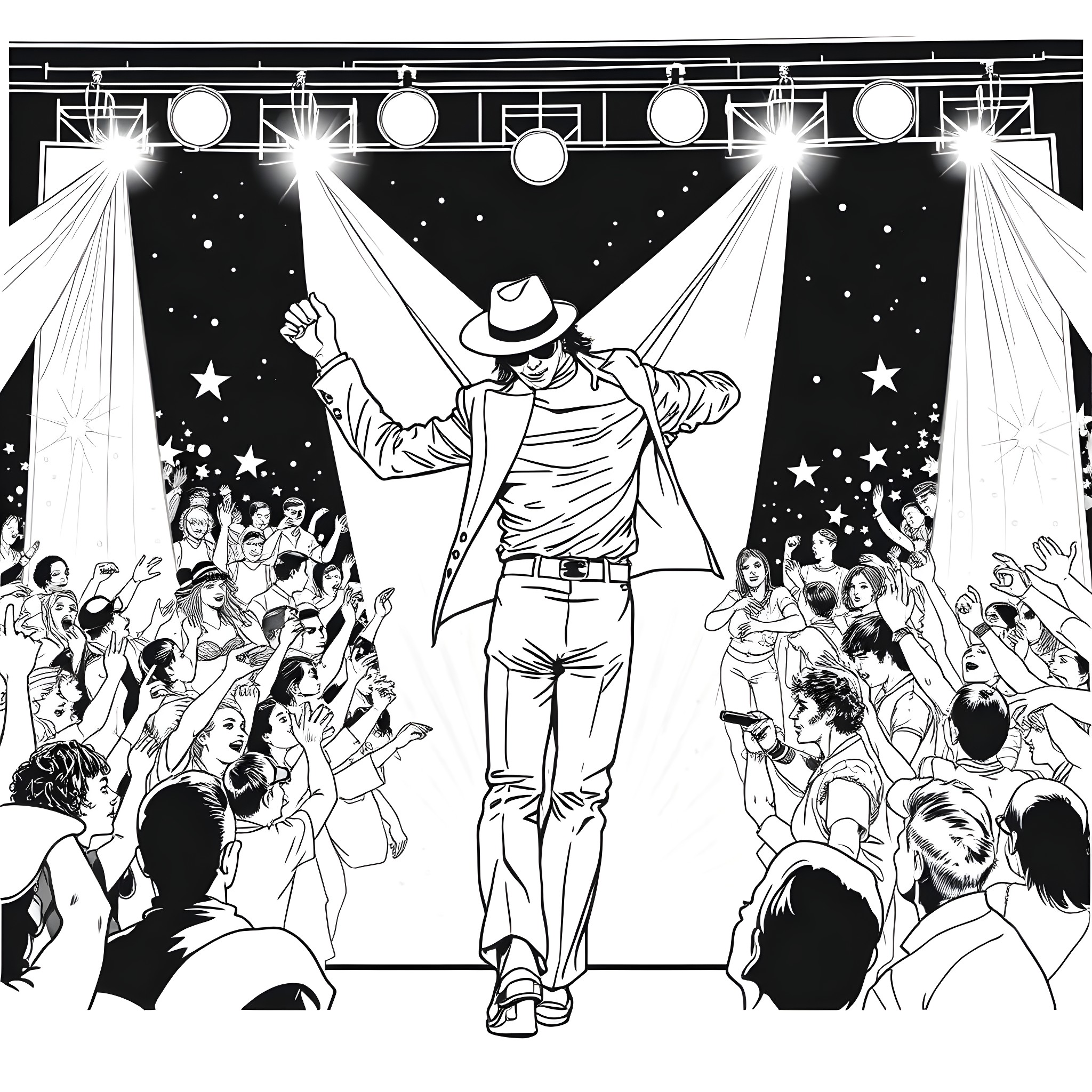 Michael Jackson Performing on Stage in Front of Adoring Crowd Coloring Page (free black-and-white line drawing printable PDF for all, from beginners to advanced learners, including children, teens, adults, and seniors)