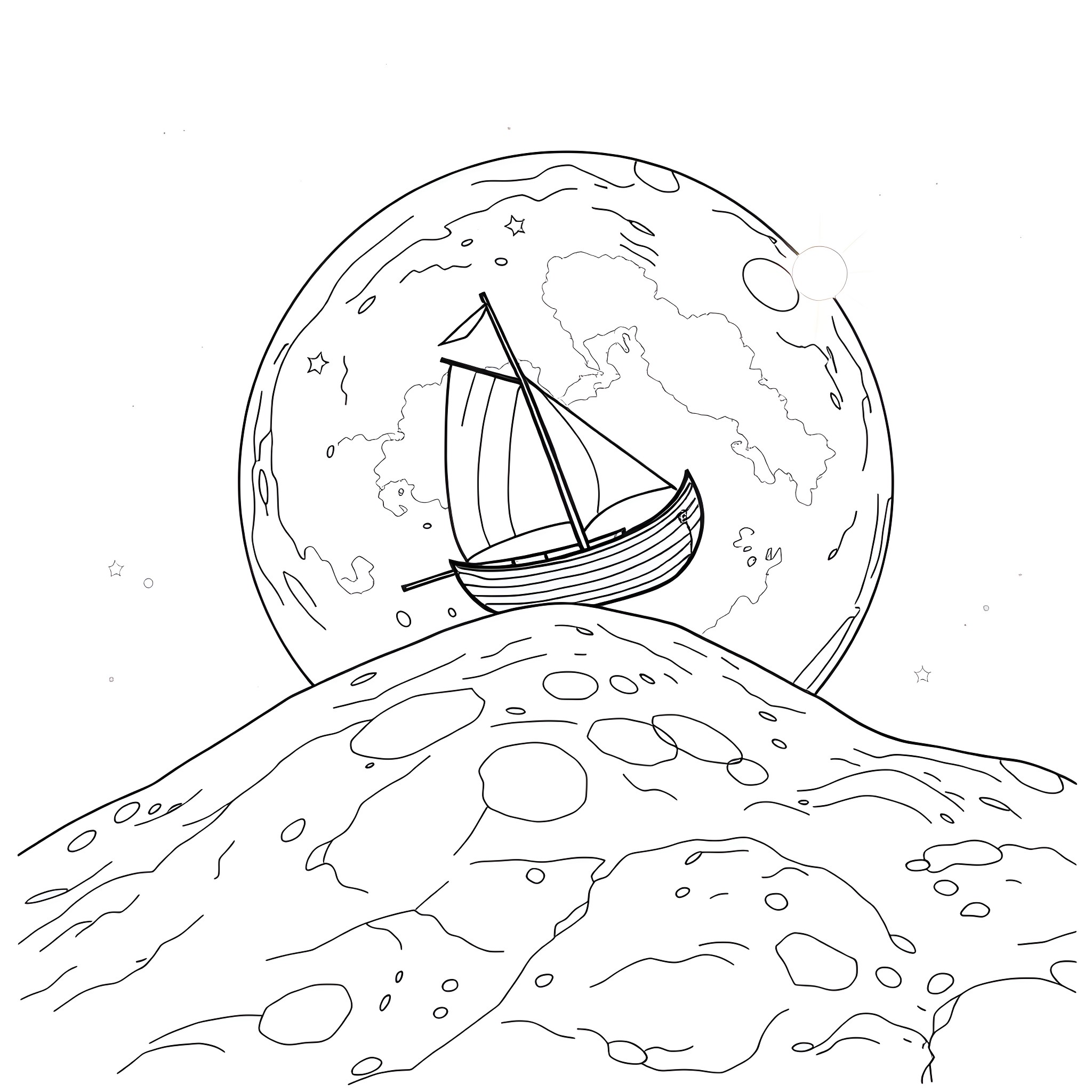 Boat sailing in the moonlight Coloring Page (free black-and-white line drawing printable PDF for all, from beginners to advanced learners, including children, teens, adults, and seniors)