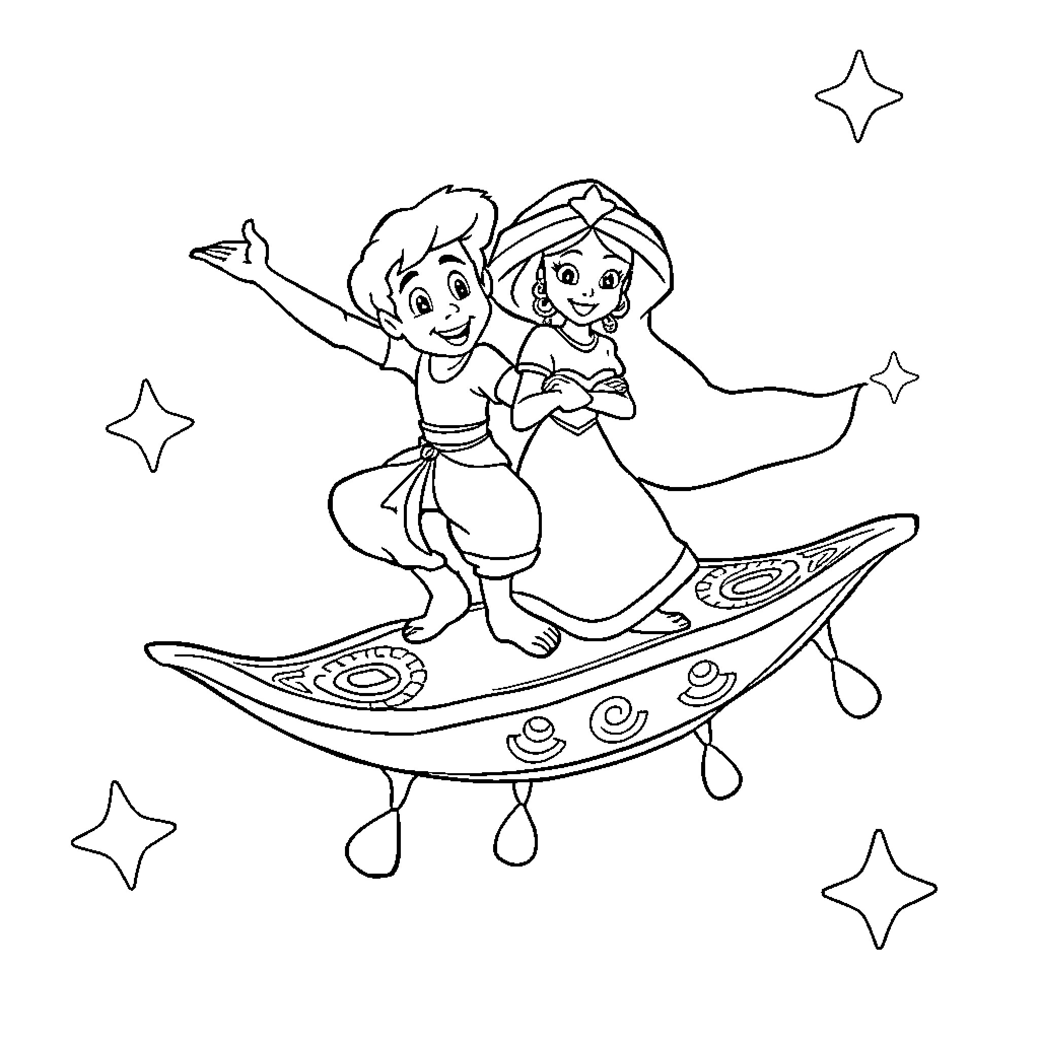 Aladdin and Jasmine ride a magic carpet in the night sky Coloring Page (free black-and-white line drawing printable PDF for all, from beginners to advanced learners, including children, teens, adults, and seniors)