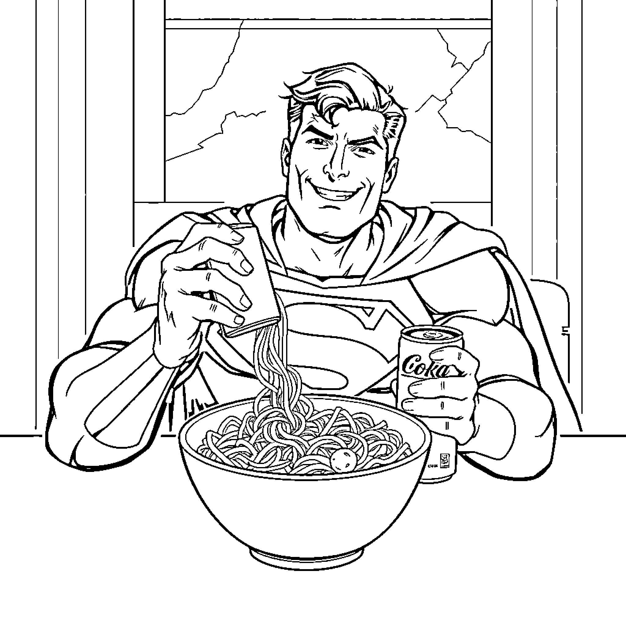Superman enjoying a hearty meal Coloring Page (free black-and-white line drawing printable PDF for all, from beginners to advanced learners, including children, teens, adults, and seniors)