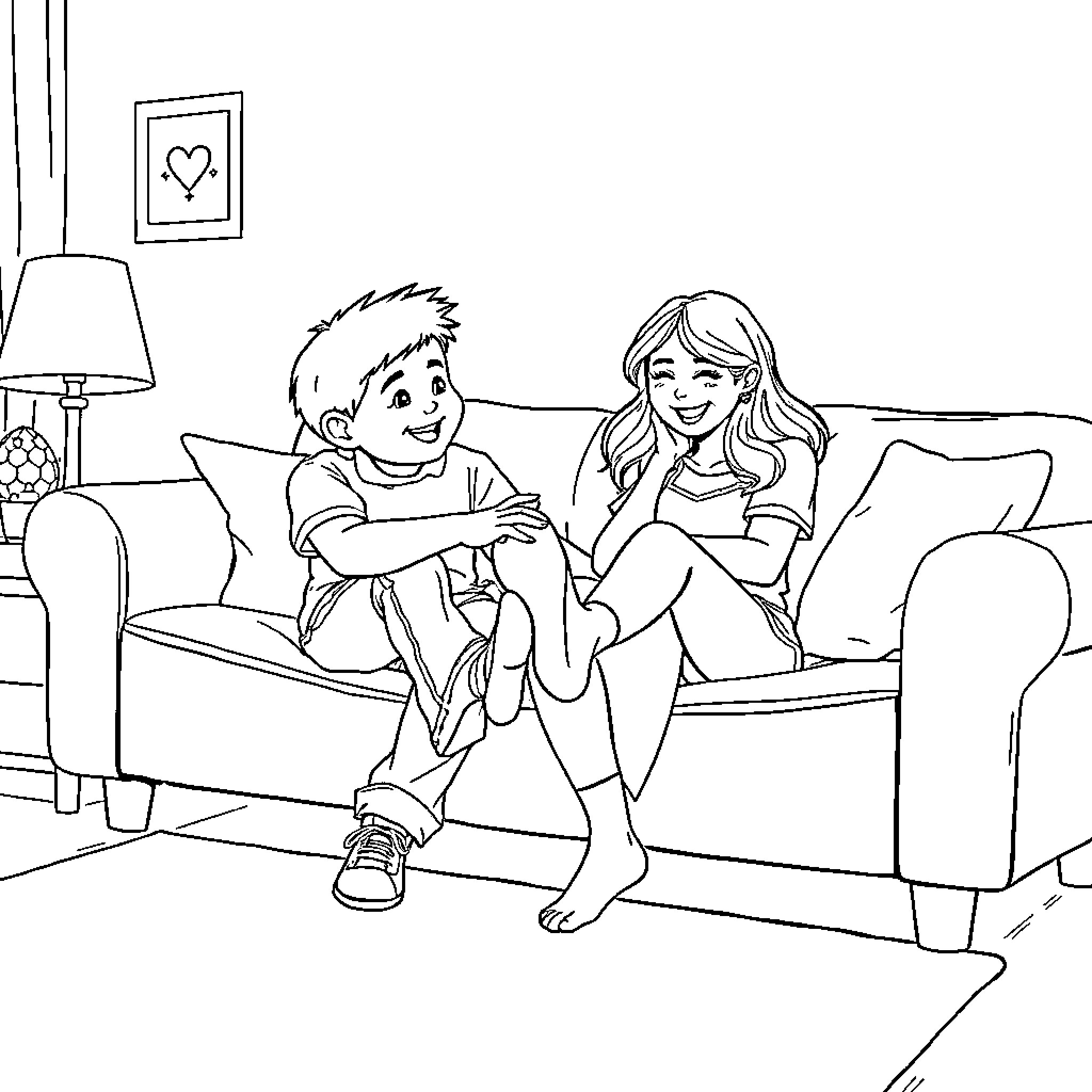 Boy and girl enjoying each other's company on the sofa Coloring Page (free black-and-white line drawing printable PDF for all, from beginners to advanced learners, including children, teens, adults, and seniors)