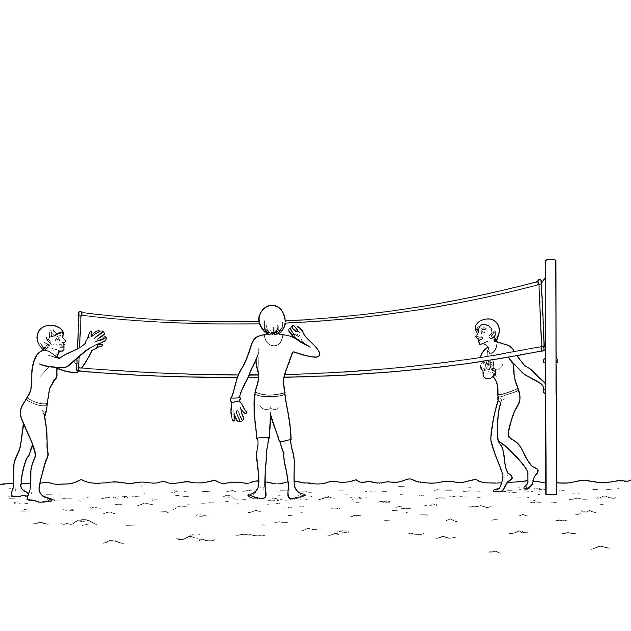 Beatles playing volleyball on the beach Coloring Page (free black-and-white line drawing printable PDF for all, from beginners to advanced learners, including children, teens, adults, and seniors)
