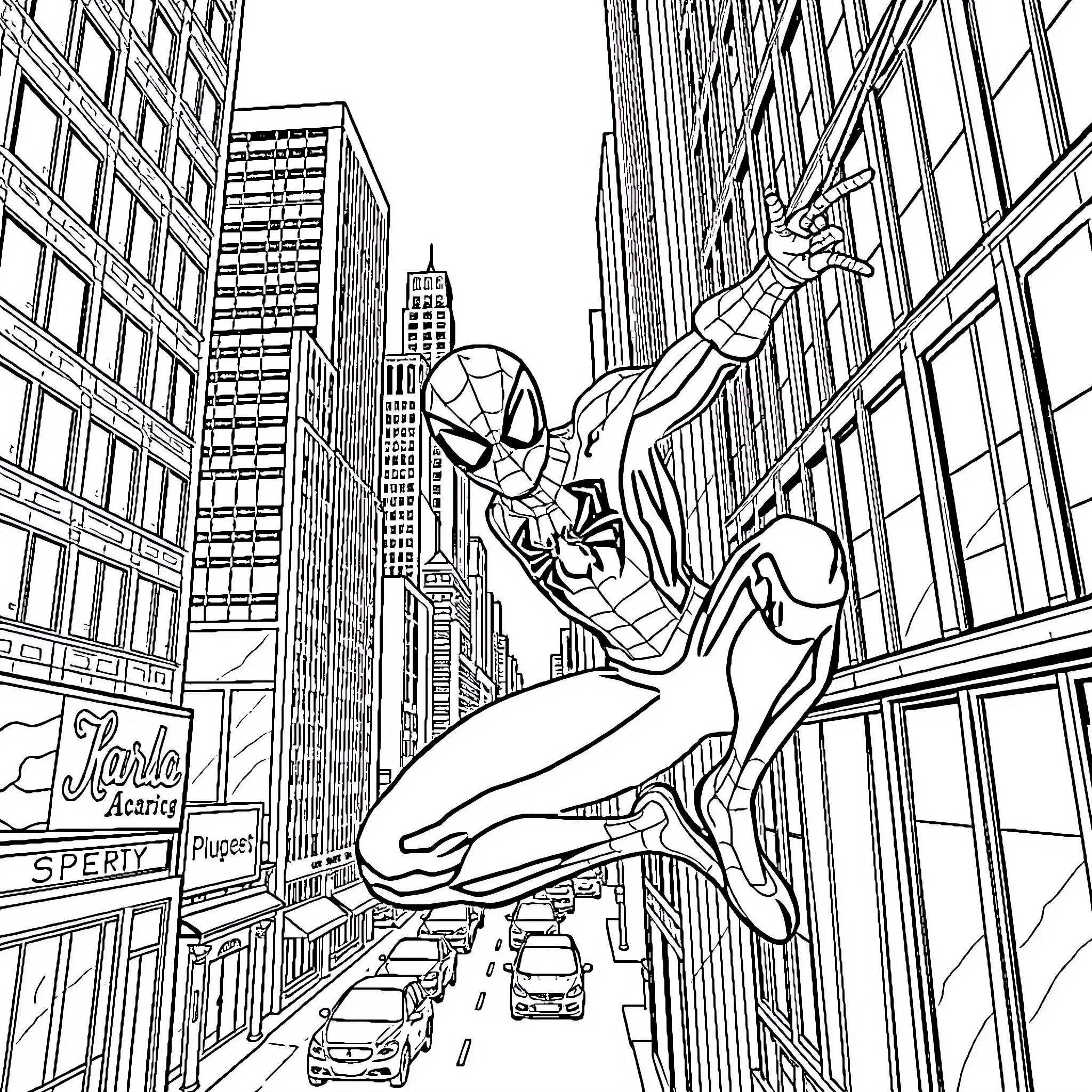 Spider-Man swinging through the city skyline Coloring Page (free black-and-white line drawing printable PDF for all, from beginners to advanced learners, including children, teens, adults, and seniors)