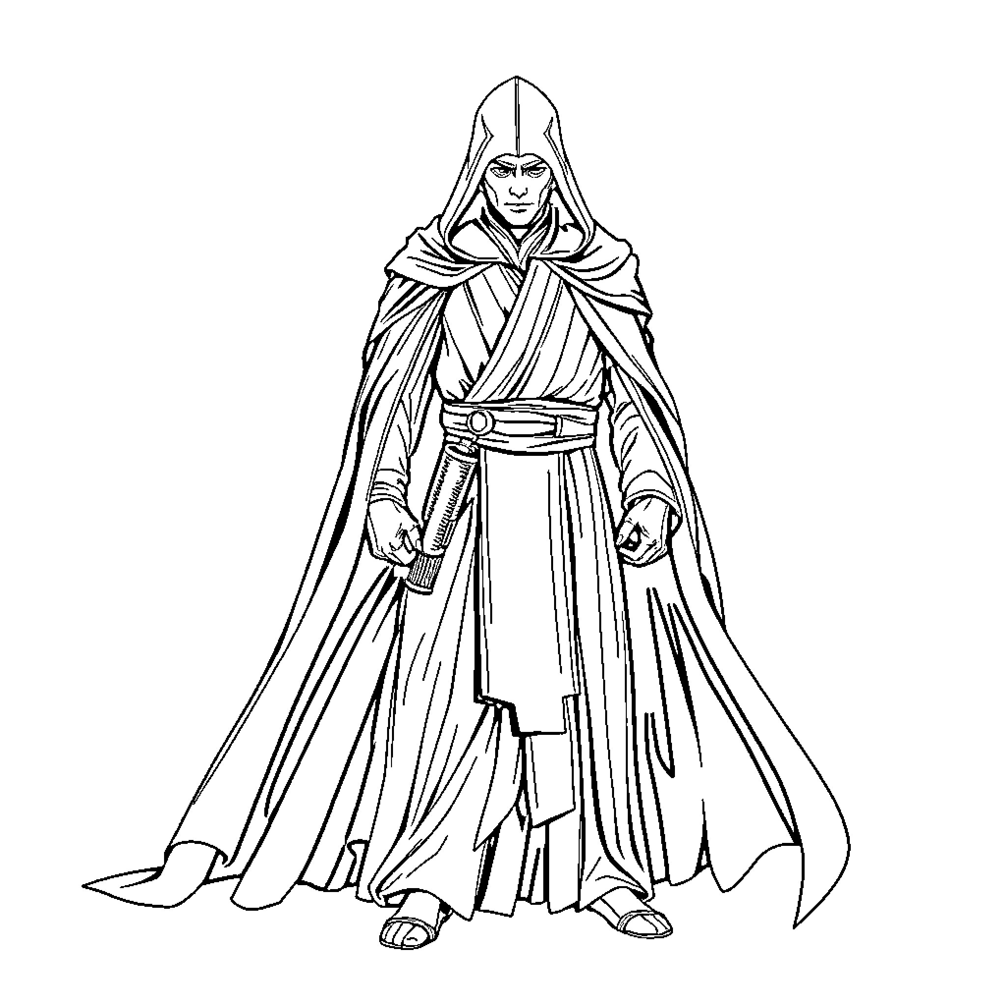 Jedi Knight in Ceremonial Attire Coloring Page (free black-and-white line drawing printable PDF for all, from beginners to advanced learners, including children, teens, adults, and seniors)