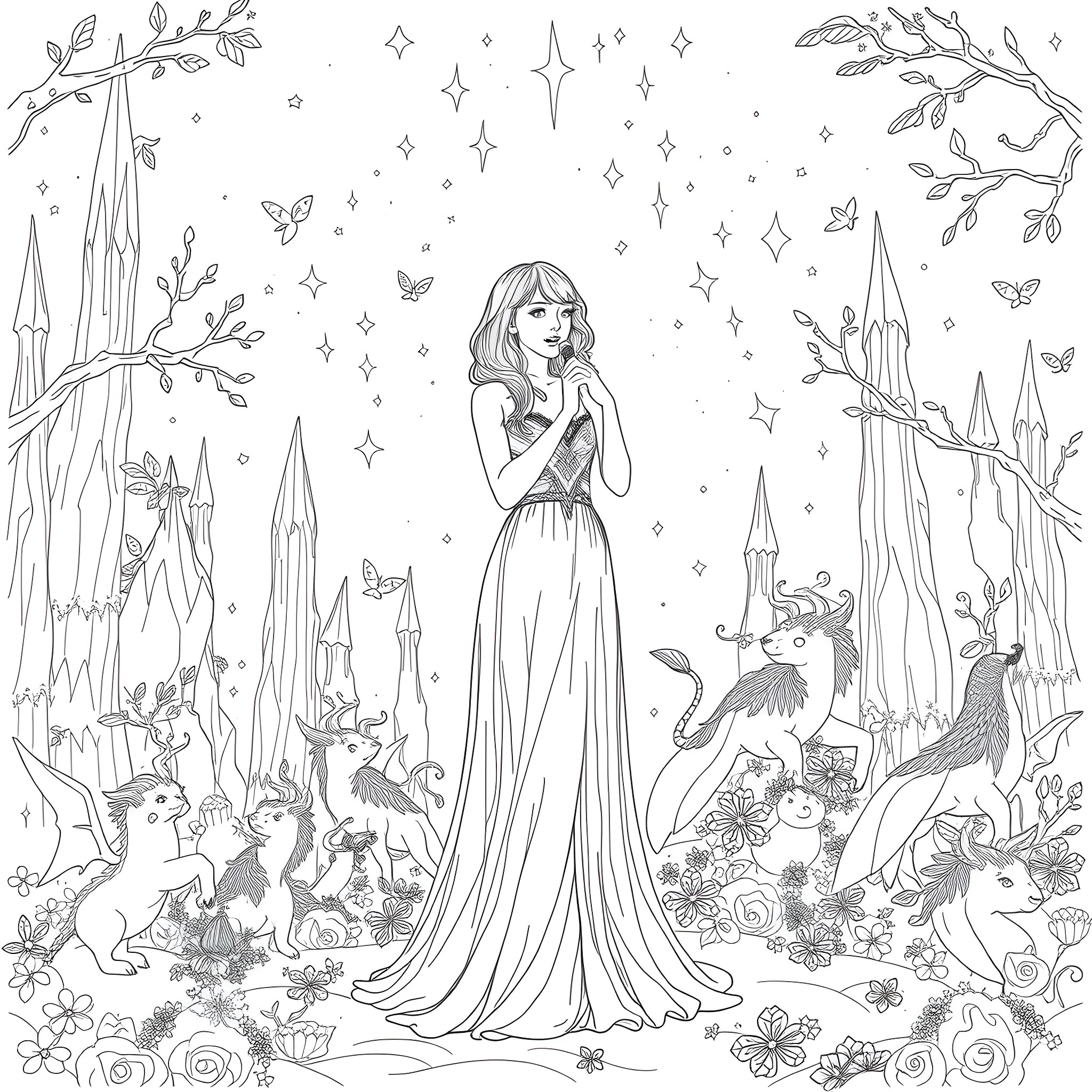 Taylor Swift: Enchanted Forest Fantasy Coloring Page (free black-and-white line drawing printable PDF for all, from beginners to advanced learners, including children, teens, adults, and seniors)