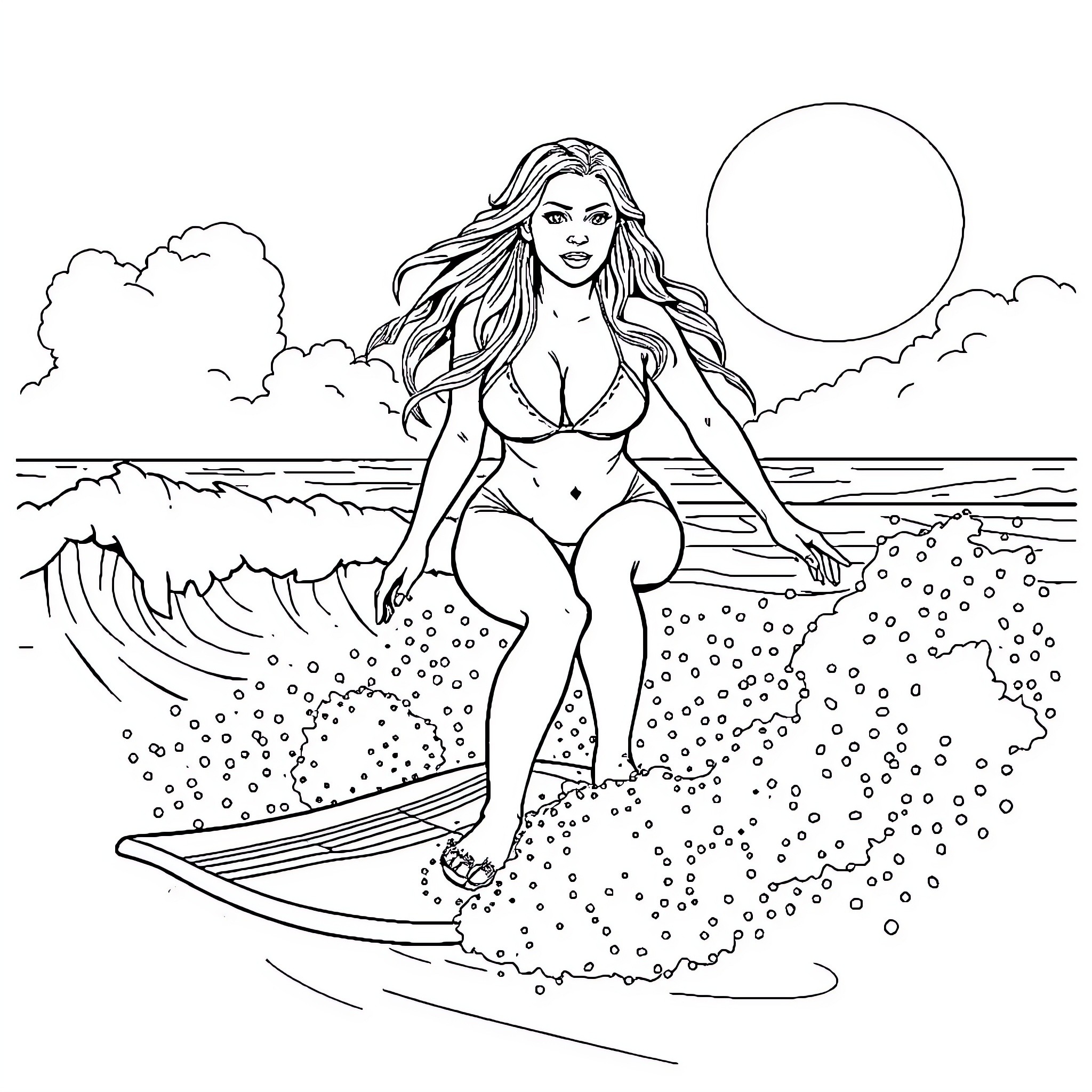 Britney Spears surfing gracefully by the waves Coloring Page (free black-and-white line drawing printable PDF for all, from beginners to advanced learners, including children, teens, adults, and seniors)