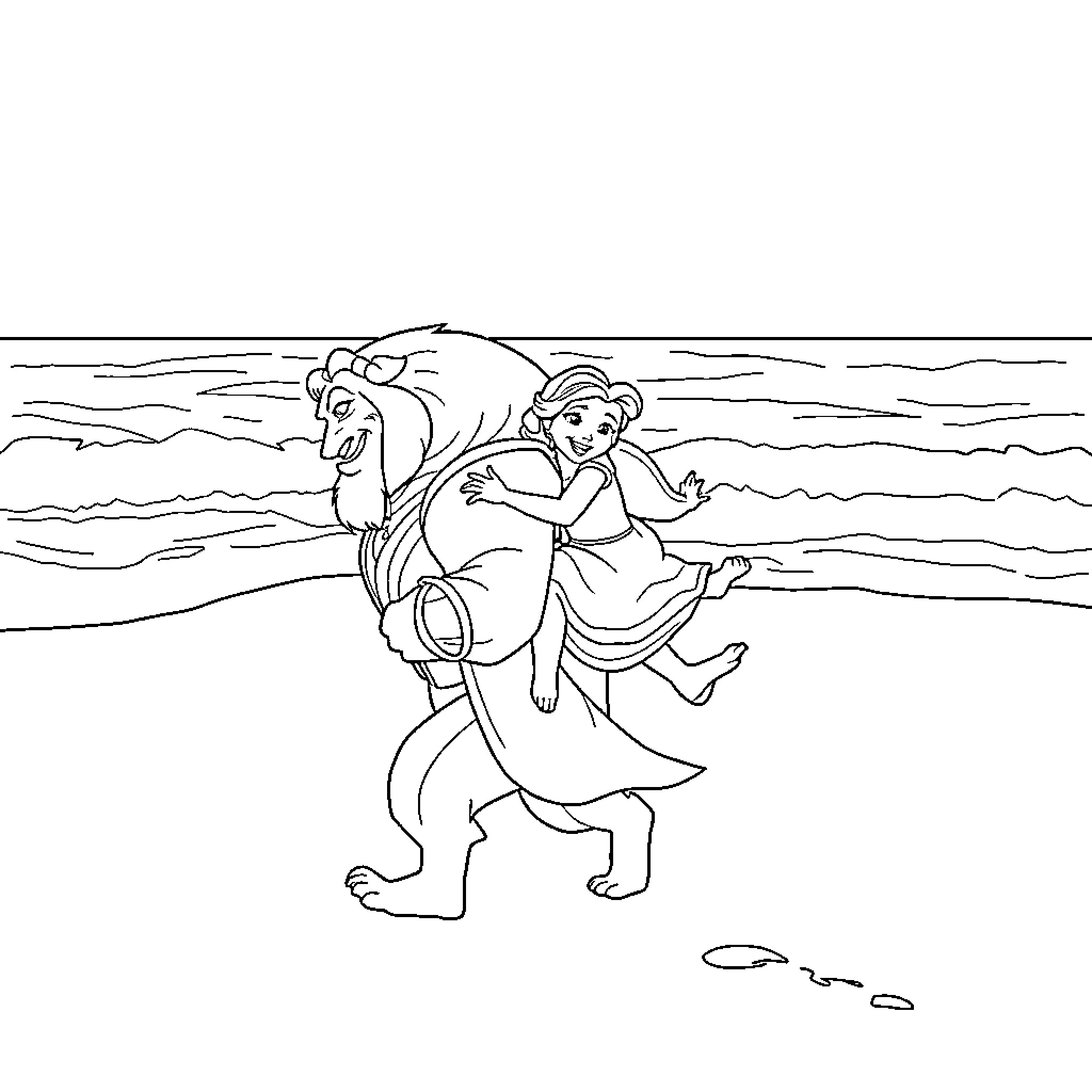 Beast carrying maiden through stormy sea Coloring Page (free black-and-white line drawing printable PDF for all, from beginners to advanced learners, including children, teens, adults, and seniors)