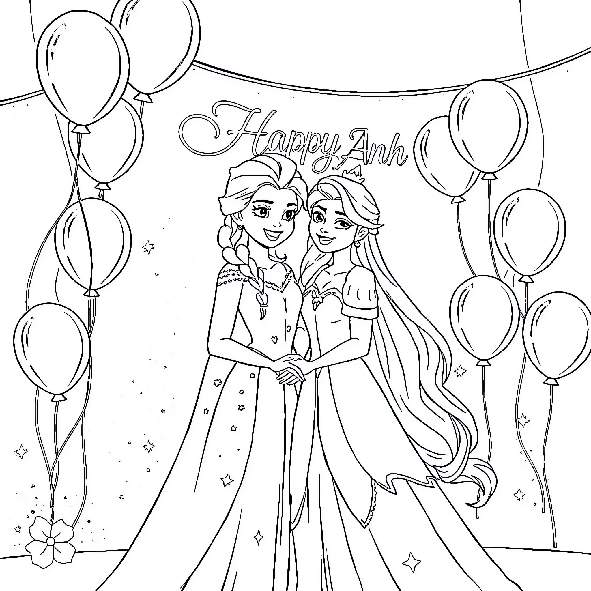 Elsa and Anna celebrating a joyous occasion with balloons Coloring Page (free black-and-white line drawing printable PDF for all, from beginners to advanced learners, including children, teens, adults, and seniors)