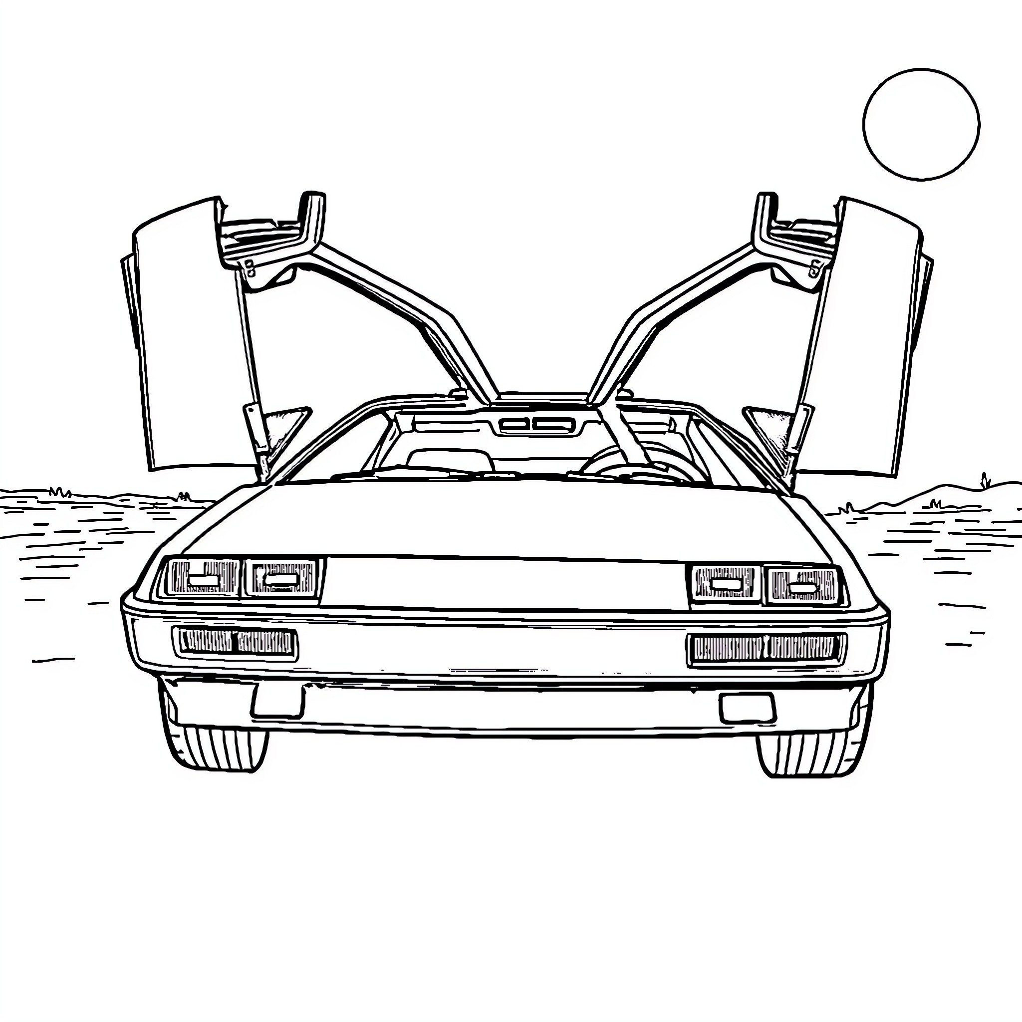 DeLorean with gull-wing doors open Coloring Page (free black-and-white line drawing printable PDF for all, from beginners to advanced learners, including children, teens, adults, and seniors)