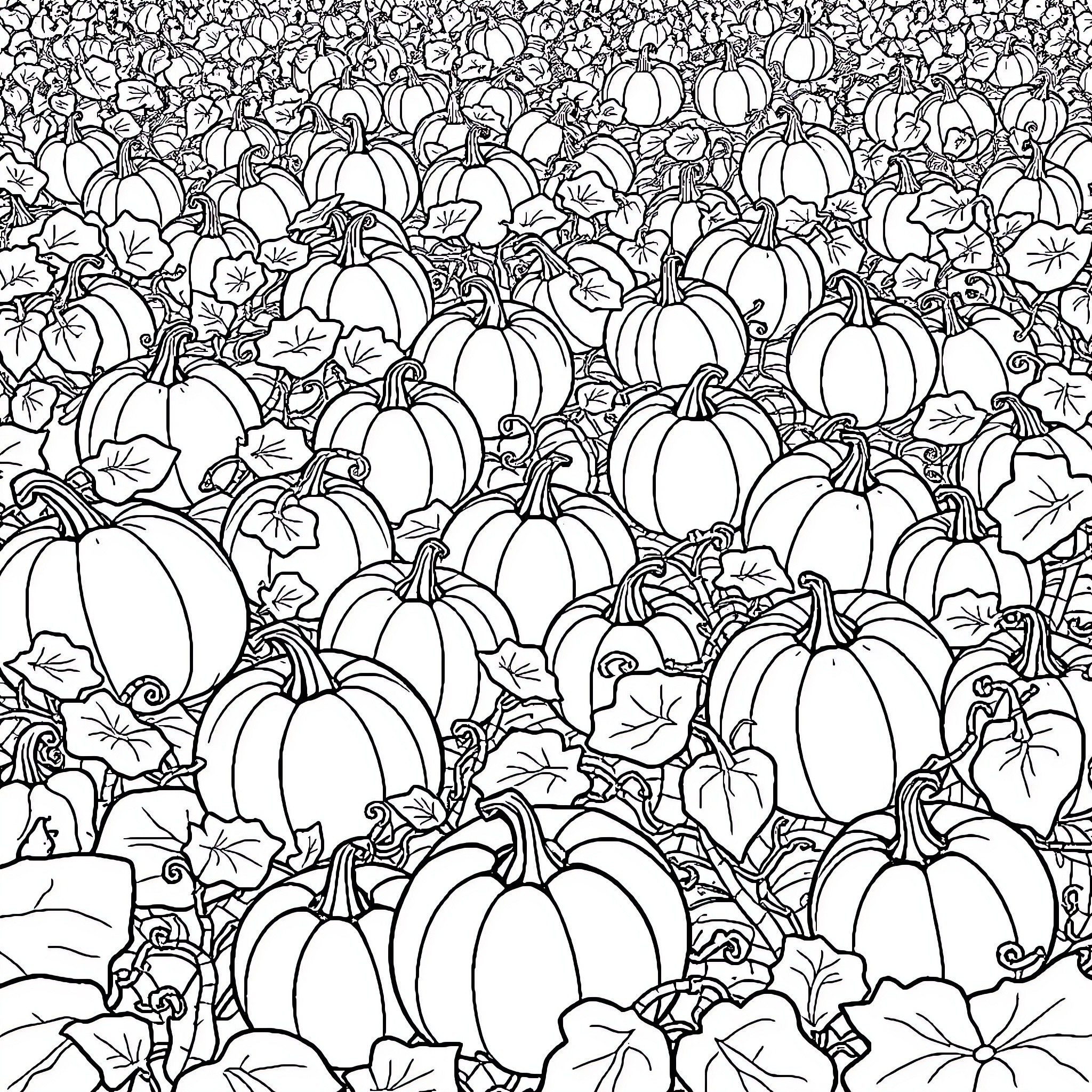 Pumpkin Patch: A Whimsical Gathering Coloring Page (free black-and-white line drawing printable PDF for all, from beginners to advanced learners, including children, teens, adults, and seniors)