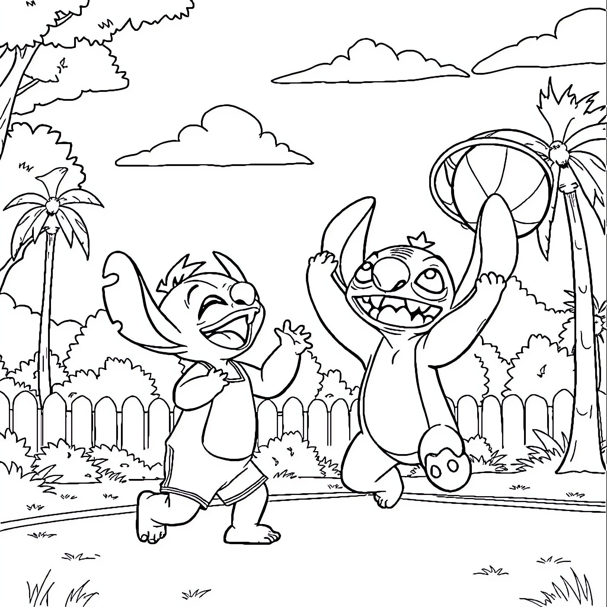 Lilo and Stitch playing in the tropical garden Coloring Page (free black-and-white line drawing printable PDF for all, from beginners to advanced learners, including children, teens, adults, and seniors)