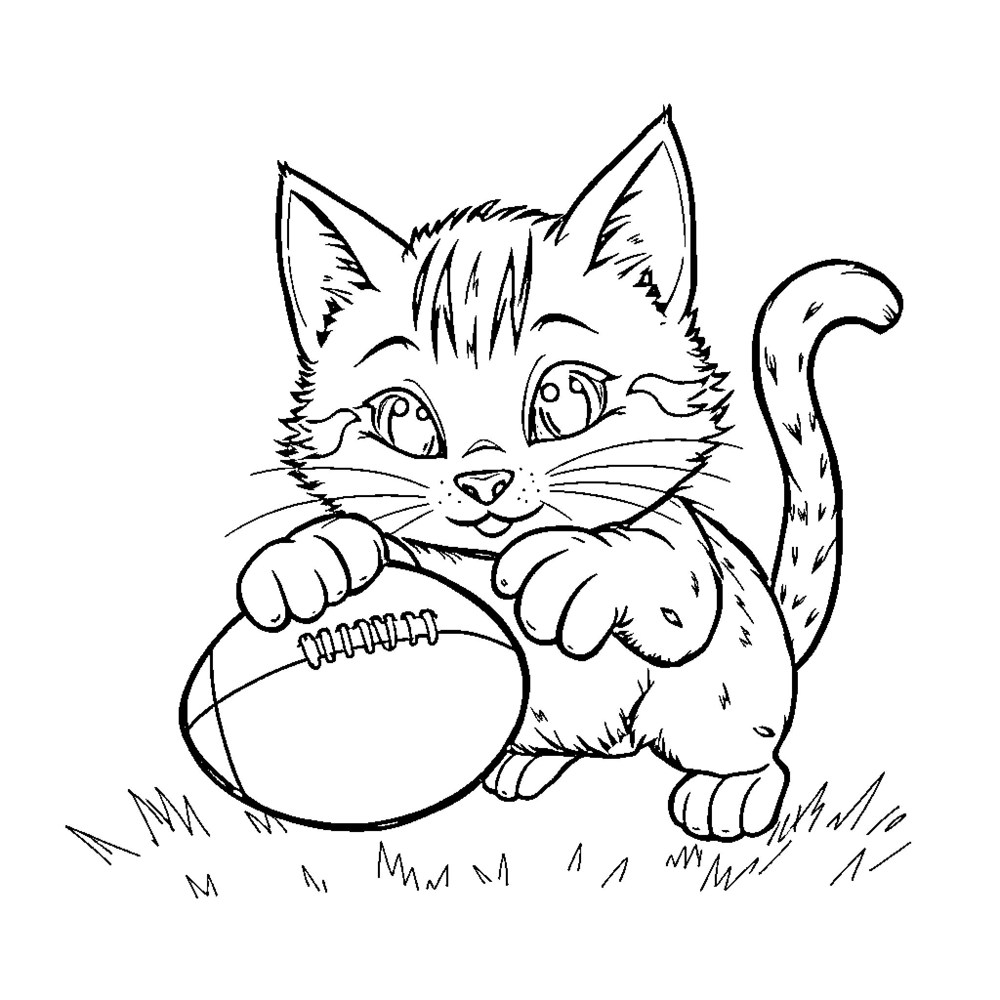 Cat playing with a ball Coloring Page (free black-and-white line drawing printable PDF for all, from beginners to advanced learners, including children, teens, adults, and seniors)
