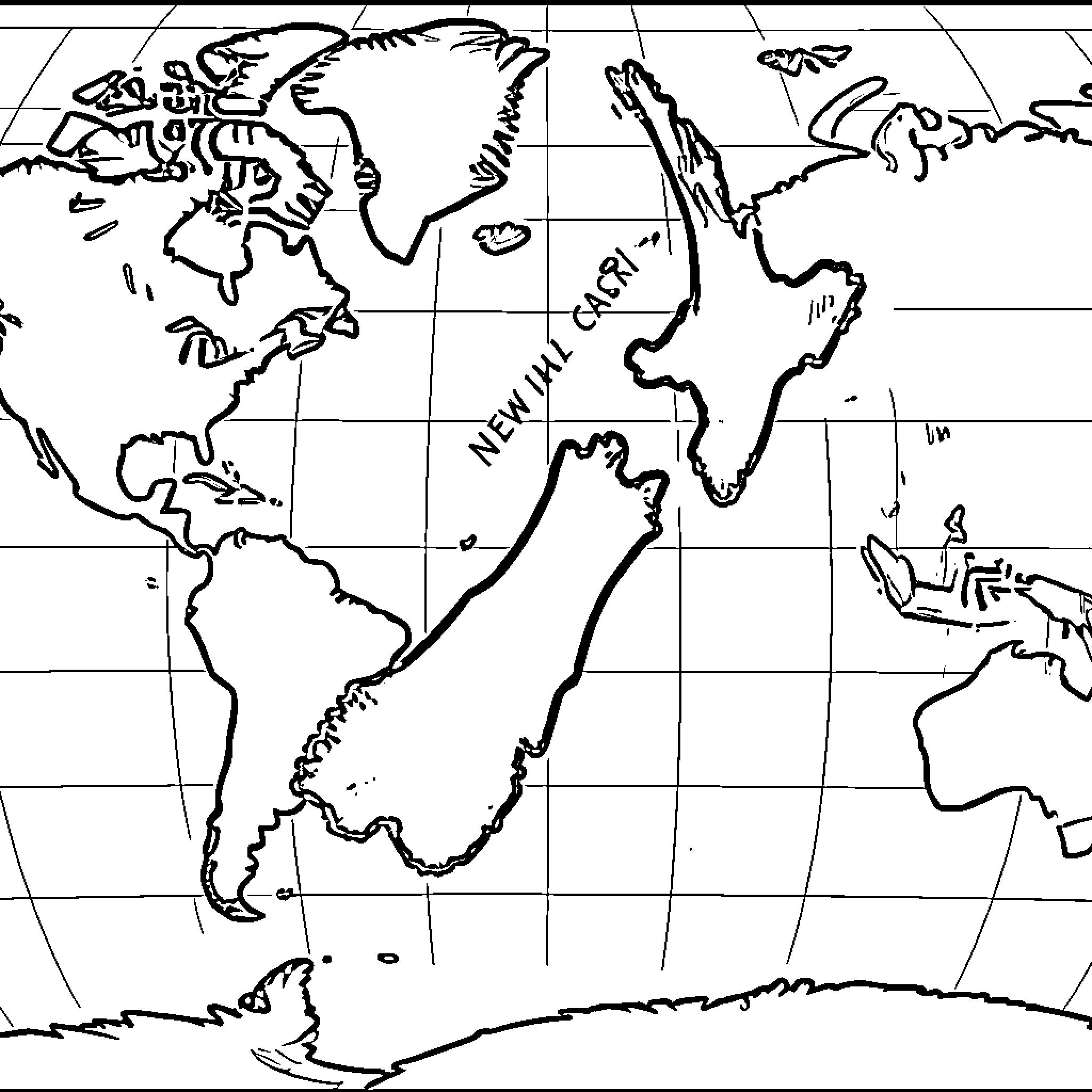 New Zealand positioned uniquely on a stylized world map Coloring Page (free black-and-white line drawing printable PDF for all, from beginners to advanced learners, including children, teens, adults, and seniors)