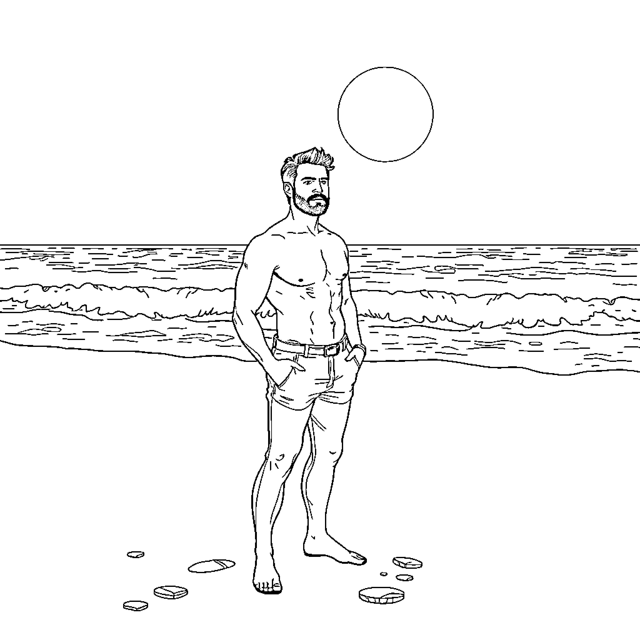 Henry Cavill standing in the waves at the beach Coloring Page (free black-and-white line drawing printable PDF for all, from beginners to advanced learners, including children, teens, adults, and seniors)