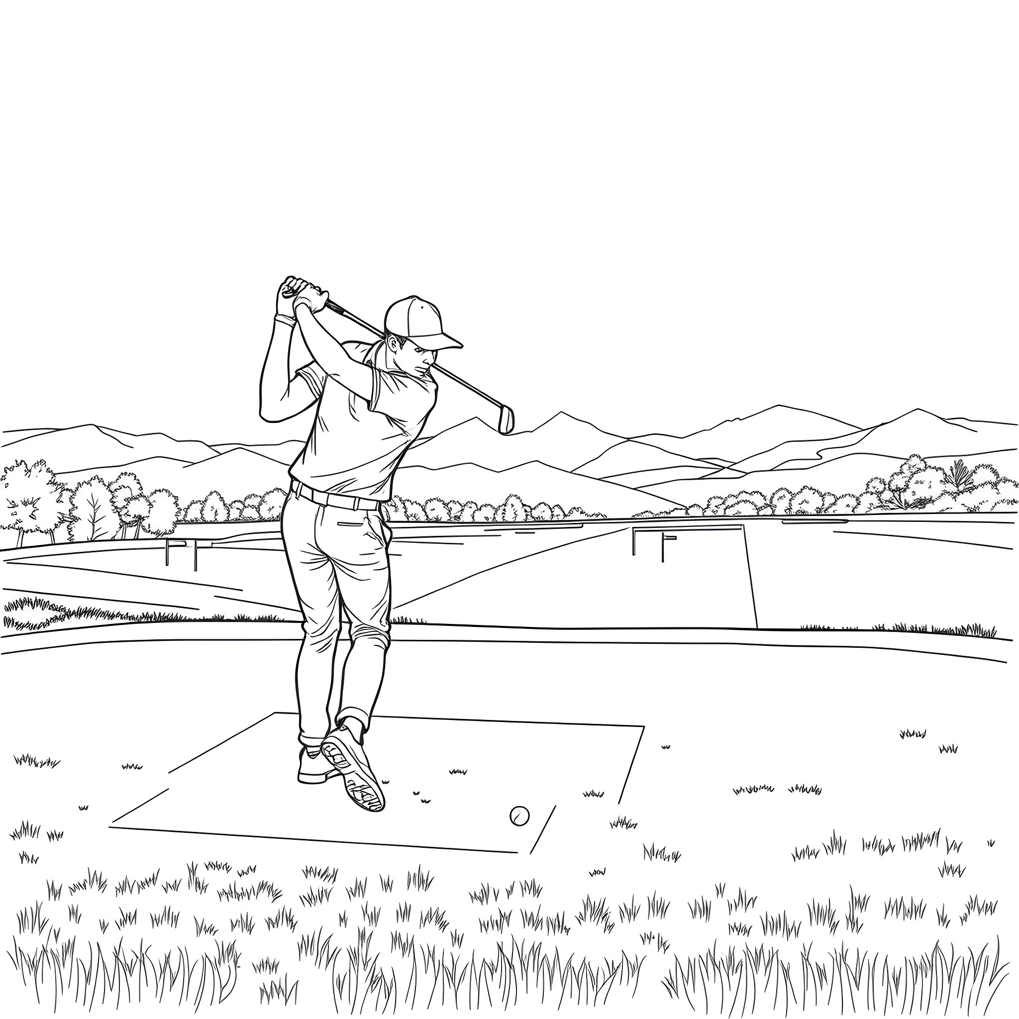 Golfer swinging on the fairway with mountain view Coloring Page (free black-and-white line drawing printable PDF for all, from beginners to advanced learners, including children, teens, adults, and seniors)