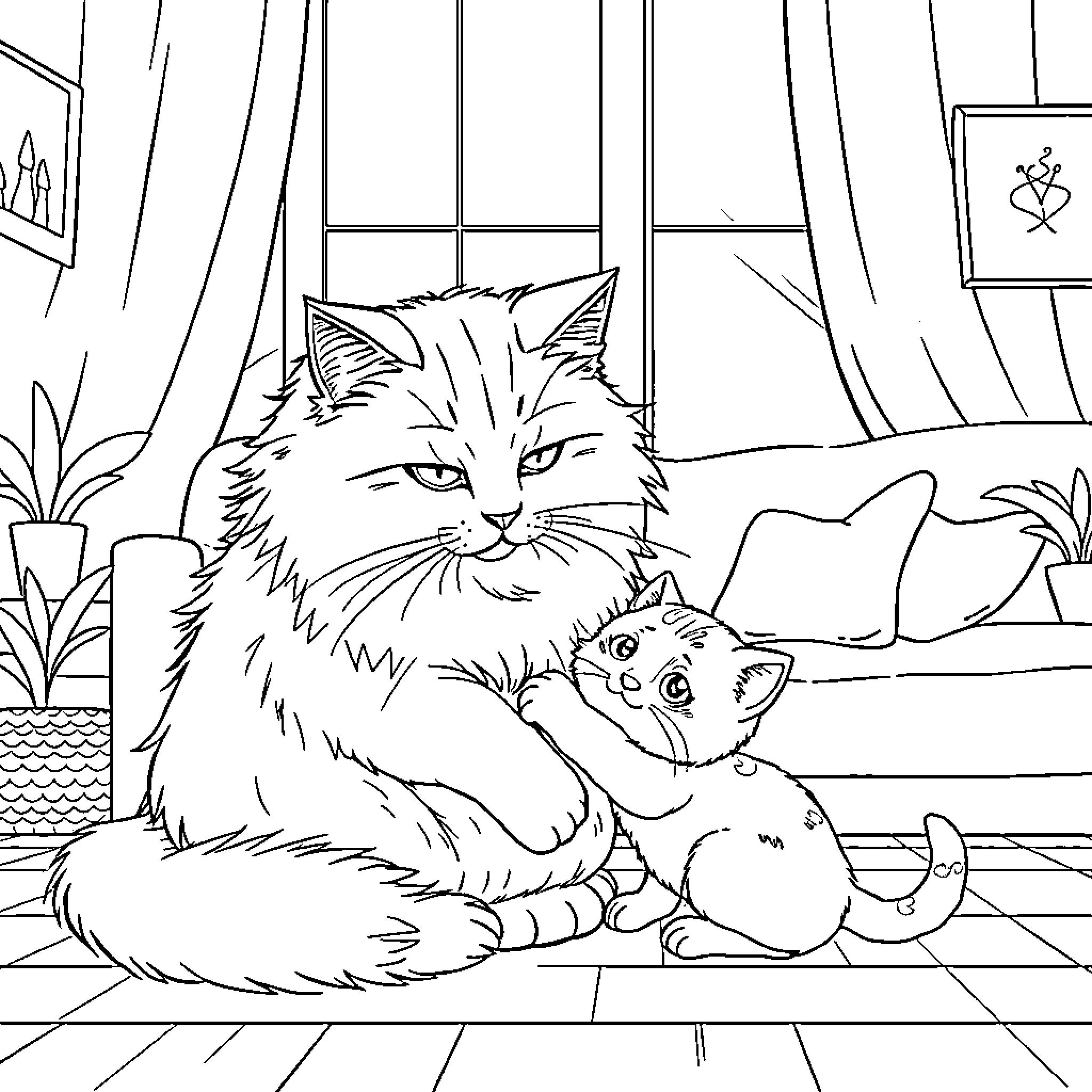 Cat resting with kittens in cozy indoor setting Coloring Page (free black-and-white line drawing printable PDF for all, from beginners to advanced learners, including children, teens, adults, and seniors)