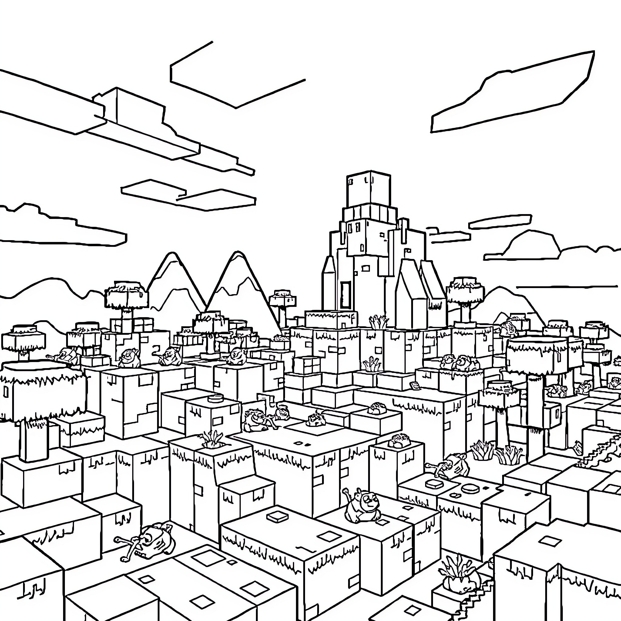Minecraft blocky city with mountains and skyline Coloring Page (free black-and-white line drawing printable PDF for all, from beginners to advanced learners, including children, teens, adults, and seniors)