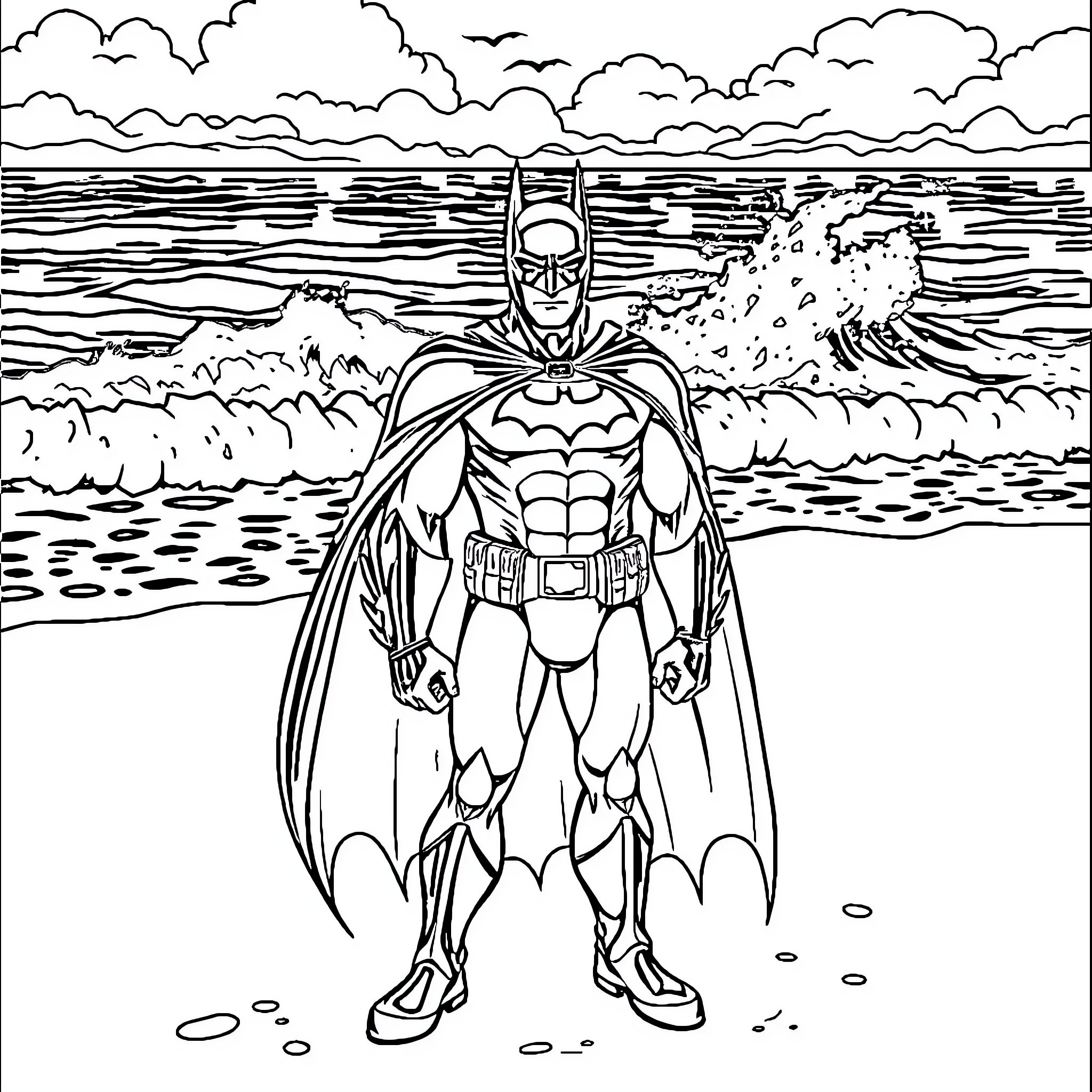 Batman standing heroically on a beach Coloring Page (free black-and-white line drawing printable PDF for all, from beginners to advanced learners, including children, teens, adults, and seniors)