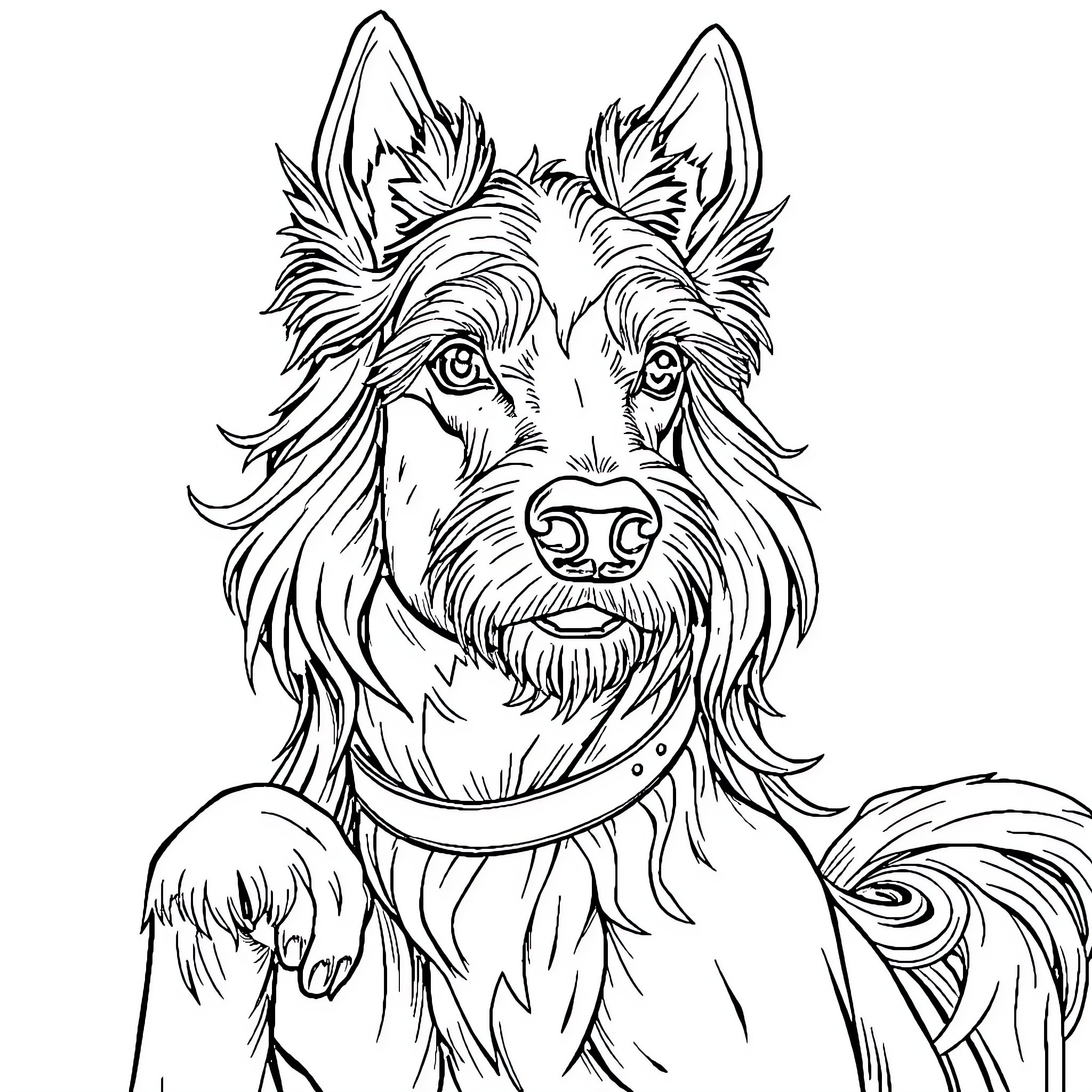 Cavalier Scottish Terrier with Expressive Facial Features Coloring Page (free black-and-white line drawing printable PDF for all, from beginners to advanced learners, including children, teens, adults, and seniors)