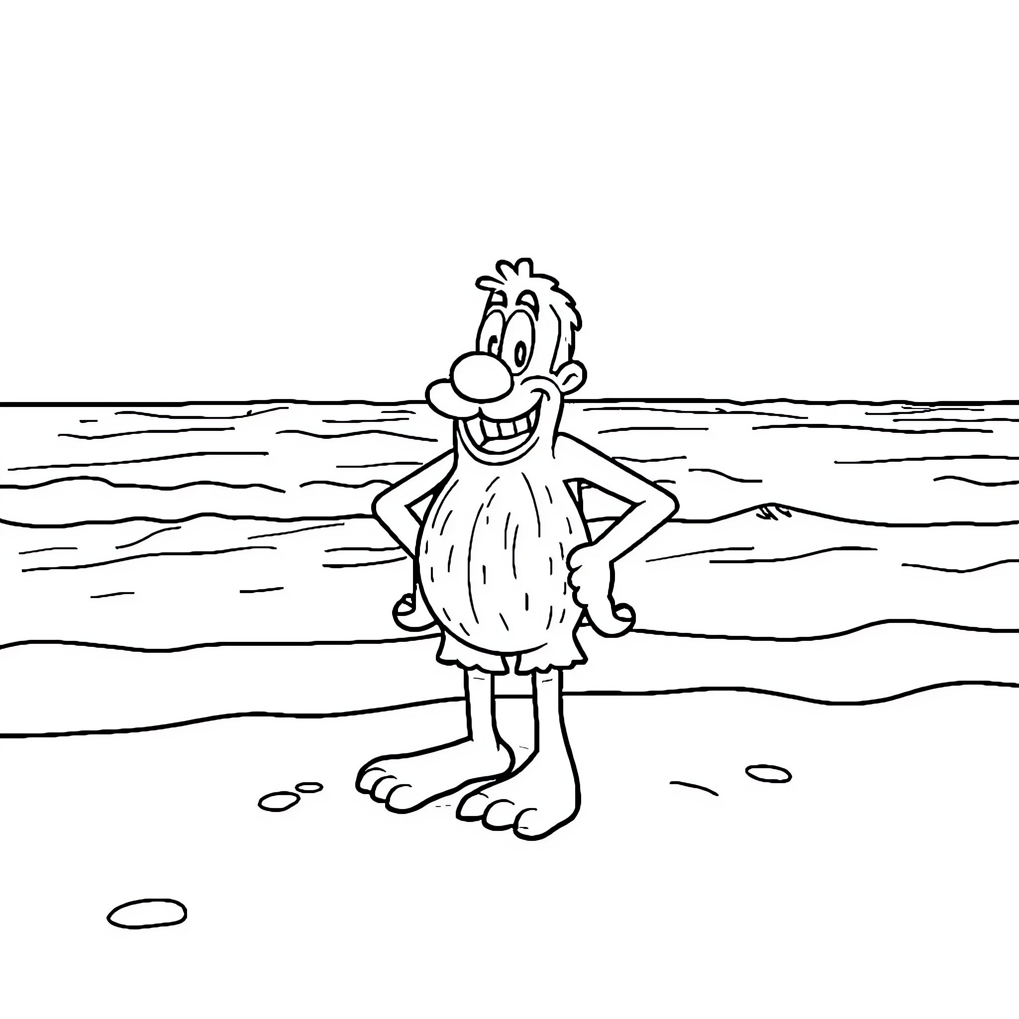 Grimace of a cheerful beachgoer on the shore Coloring Page (free black-and-white line drawing printable PDF for all, from beginners to advanced learners, including children, teens, adults, and seniors)