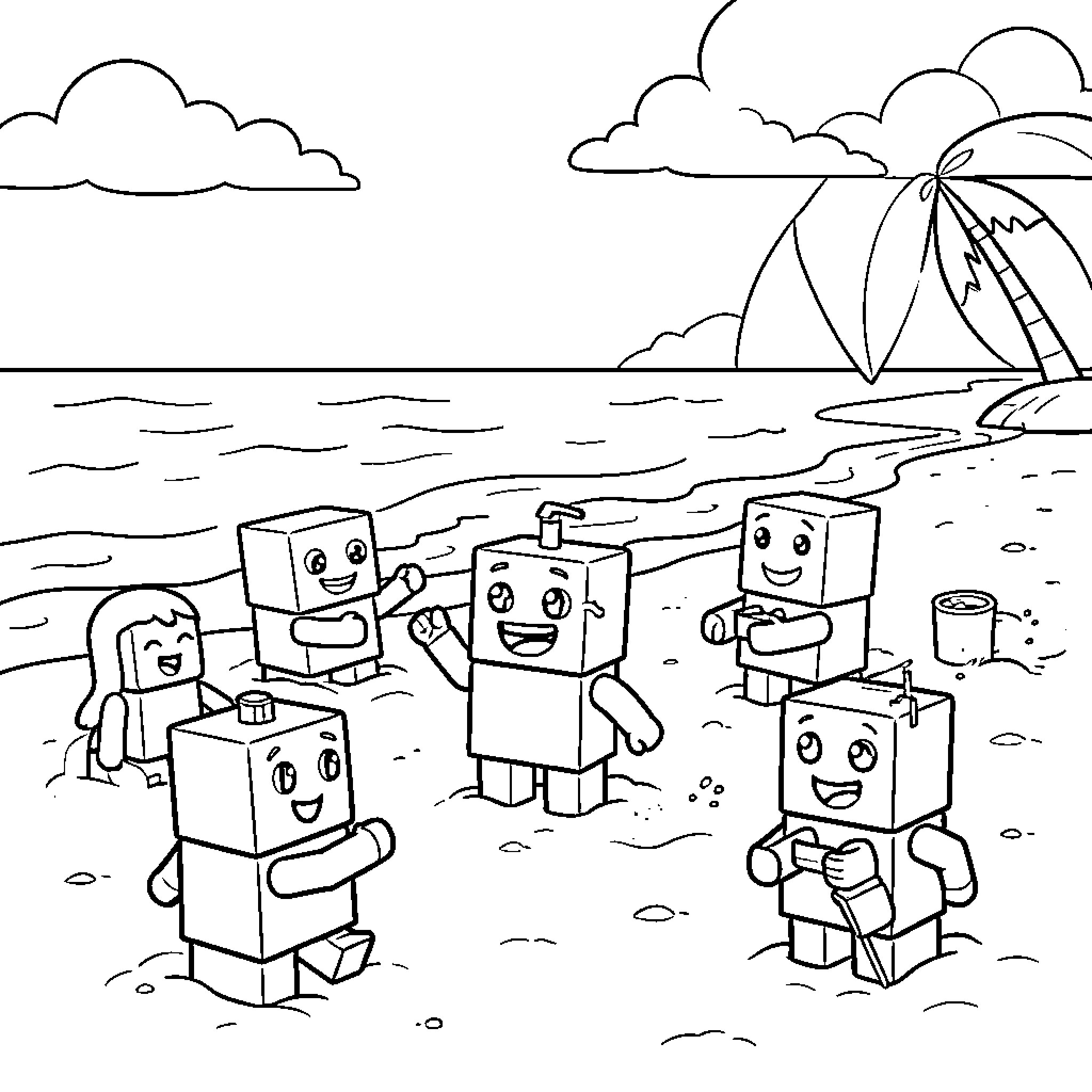 Numberblocks playing together on a sunny beach Coloring Page (free black-and-white line drawing printable PDF for all, from beginners to advanced learners, including children, teens, adults, and seniors)