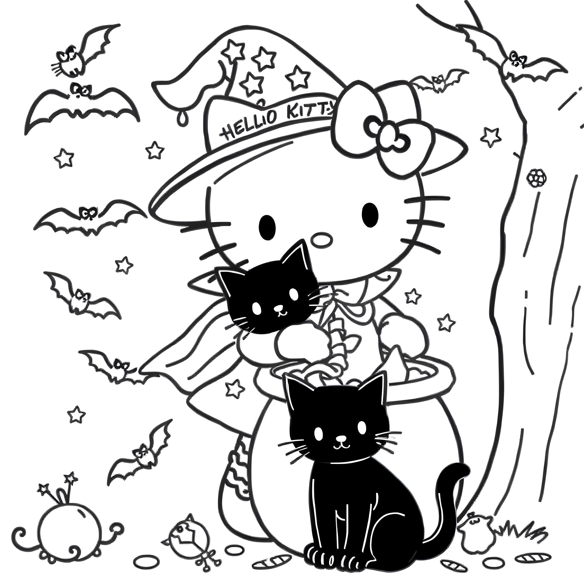 Hello Kitty's Halloween Adventure with Cats Coloring Page (free black-and-white line drawing printable PDF for all, from beginners to advanced learners, including children, teens, adults, and seniors)