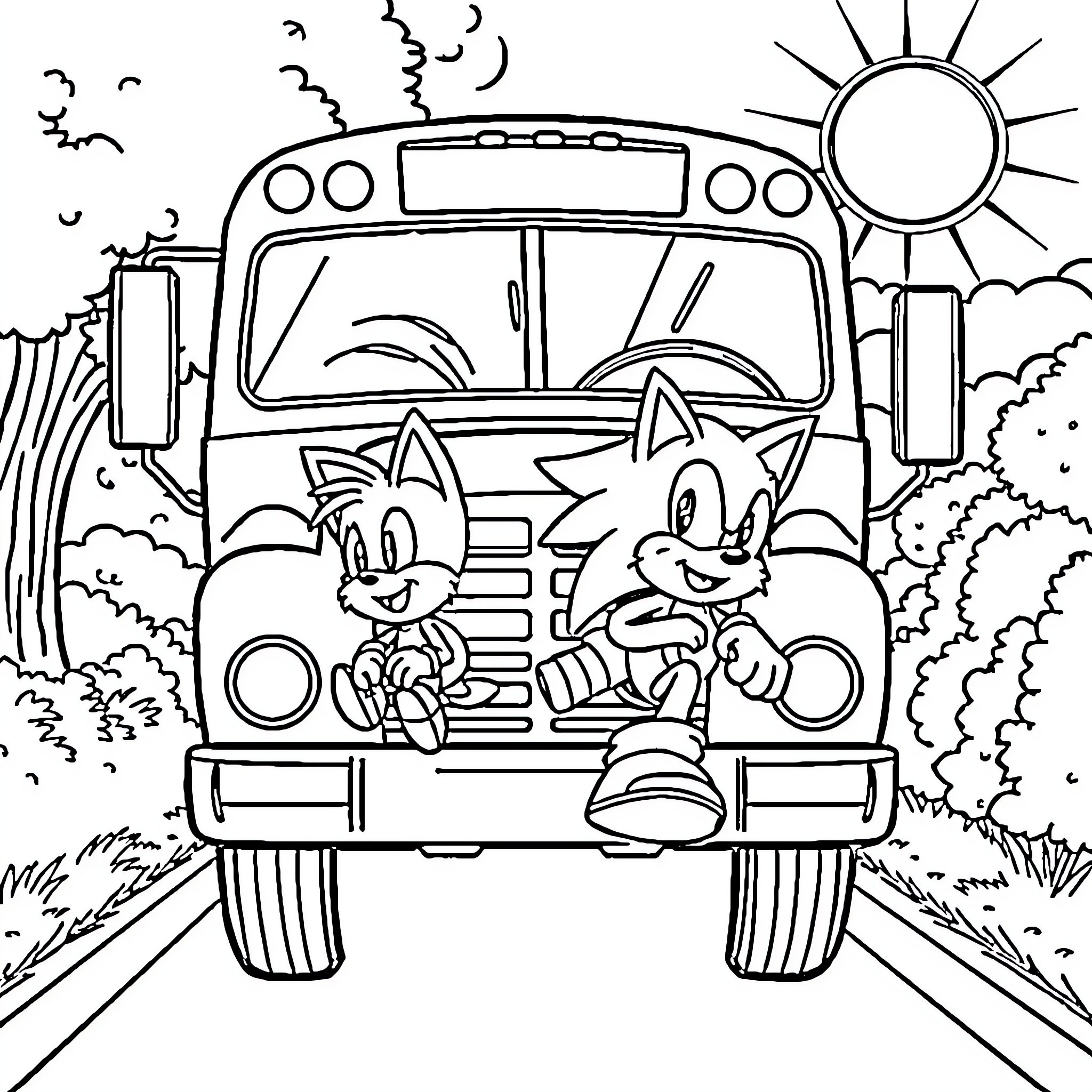 Sonic characters on a road trip adventure Coloring Page (free black-and-white line drawing printable PDF for all, from beginners to advanced learners, including children, teens, adults, and seniors)