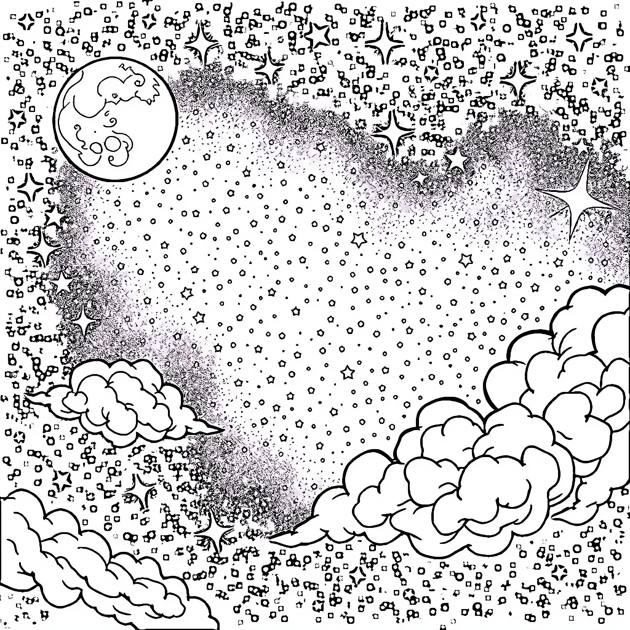 Sky filled with stars and clouds at night Coloring Page (free black-and-white line drawing printable PDF for all, from beginners to advanced learners, including children, teens, adults, and seniors)